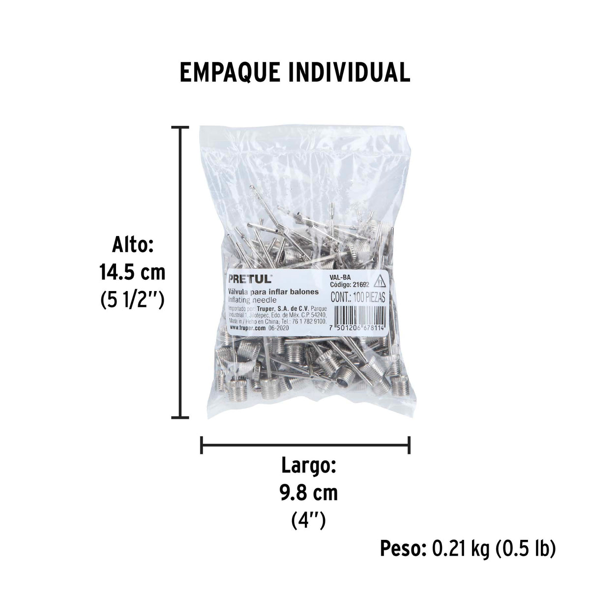 Válvula para inflar balones, bolsa 100 piezas, Pretul