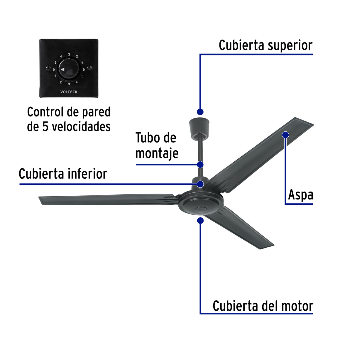 Ventilador de techo para interior 56', negro, VOLTECK