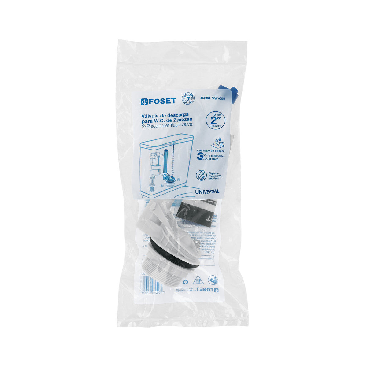 Válvula de descarga de 2' p/sanitario dos pzas,cadena inox