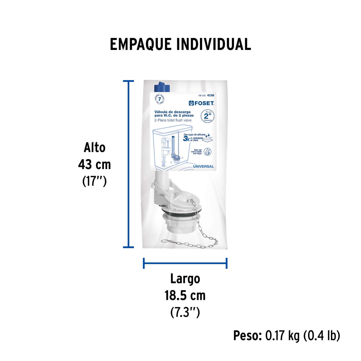 Válvula de descarga de 2' p/sanitario dos pzas,cadena inox