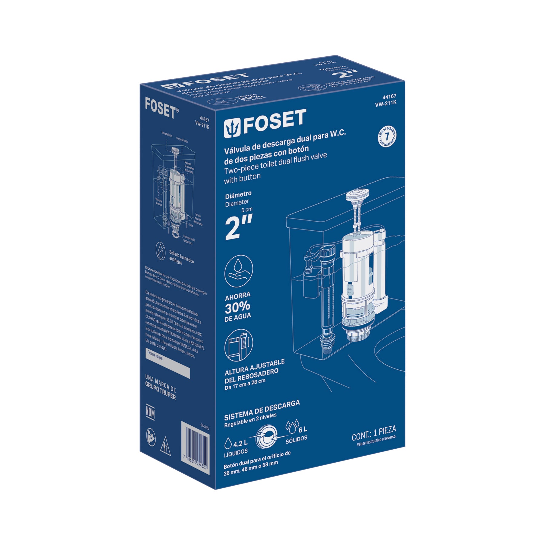 Válvula de descarga dual p/WC de 2 pcs, 2' c/empaque y botón