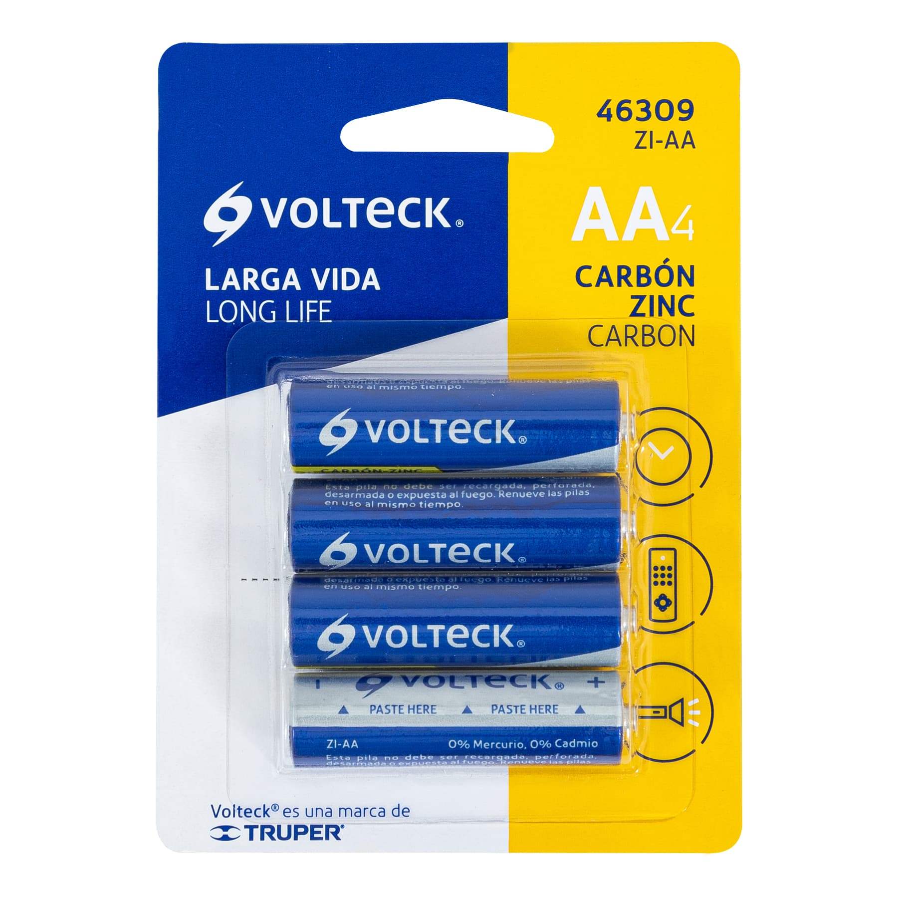Pila zinc-carbón tamaño AA, blister con 4 pzas, volteck