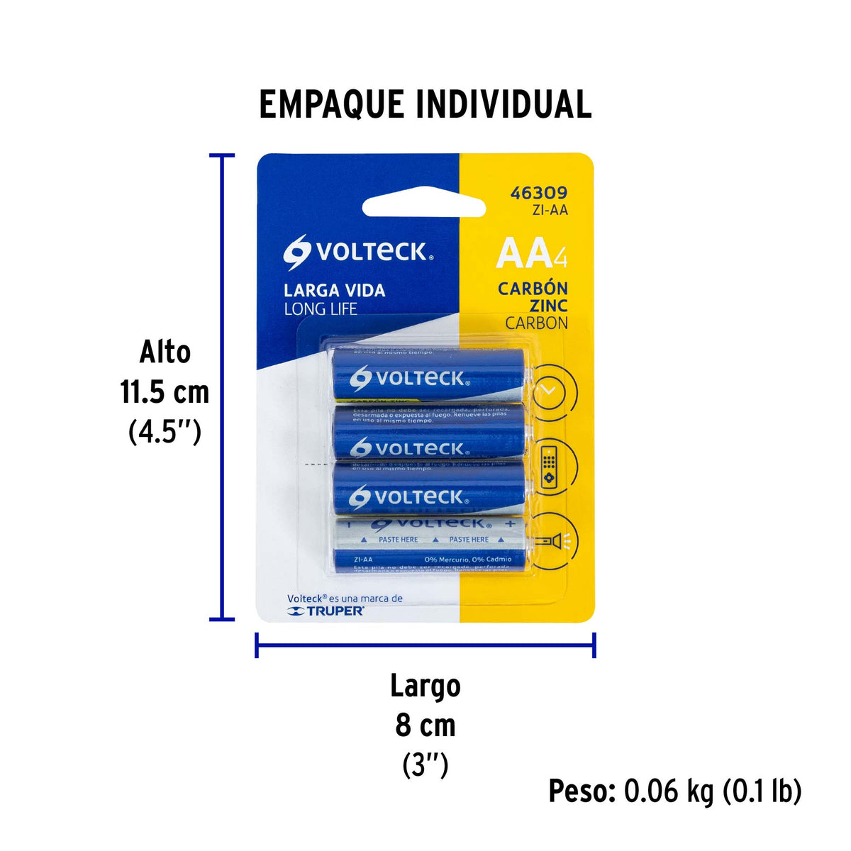 Pila zinc-carbón tamaño AA, blister con 4 pzas, volteck