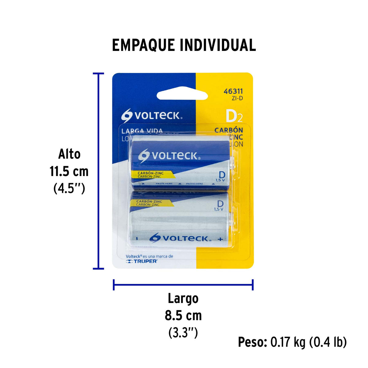 Pila zinc-carbón tamaño D, blister con 2 pzas, volteck