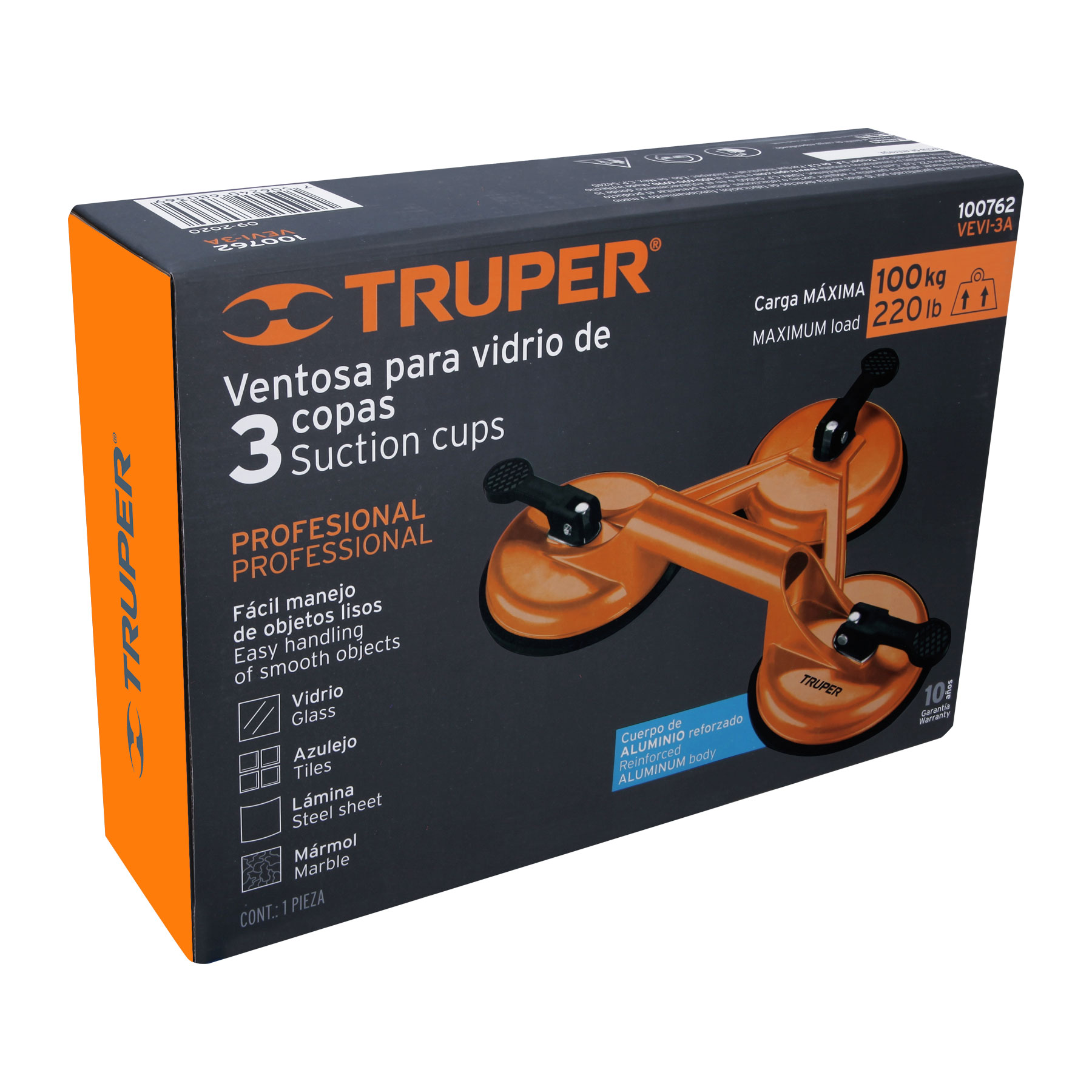 VENTOSA DE ALUMINIO PARA VIDRIO,3 COPAS DESUCCION