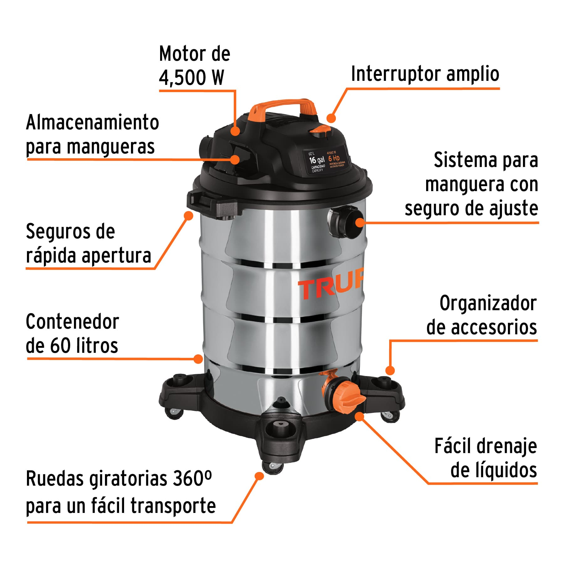 Aspiradora en acero inoxidable, 16 Galones