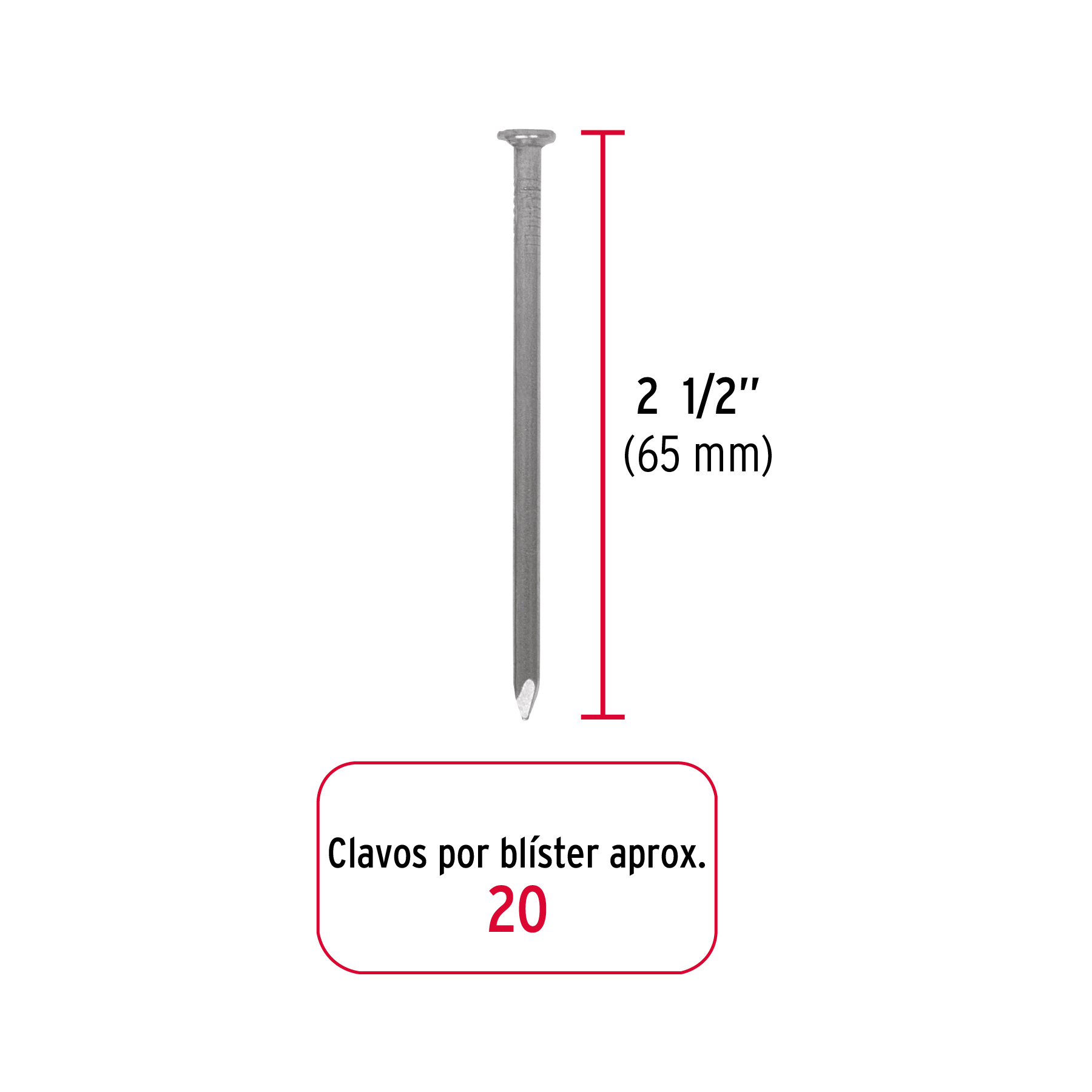 Blíster con 20 clavos estándar 2-1/2' sin cabeza, Fiero