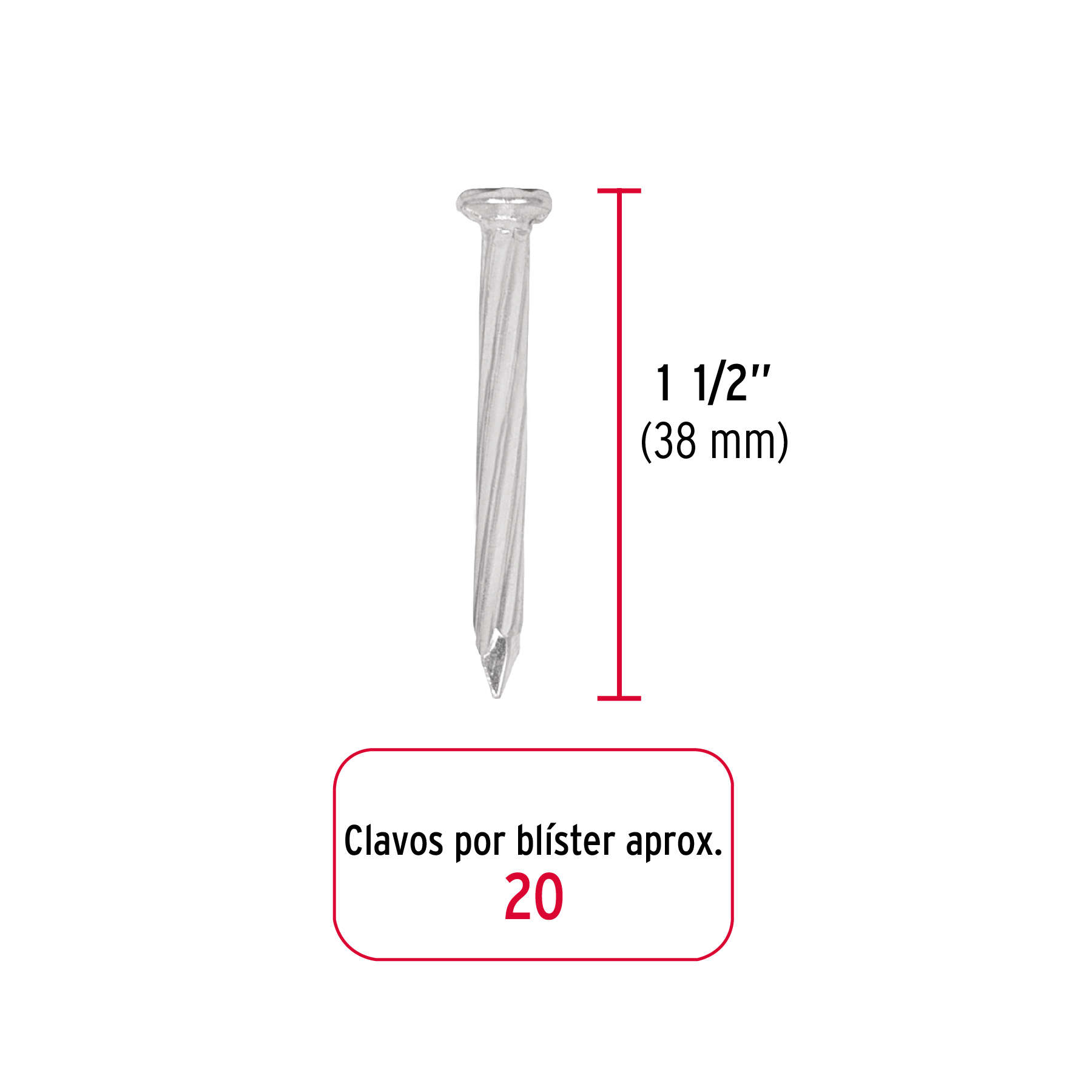 Blíster con 20 clavos galvanizados p/concreto 1-1/2', Fiero