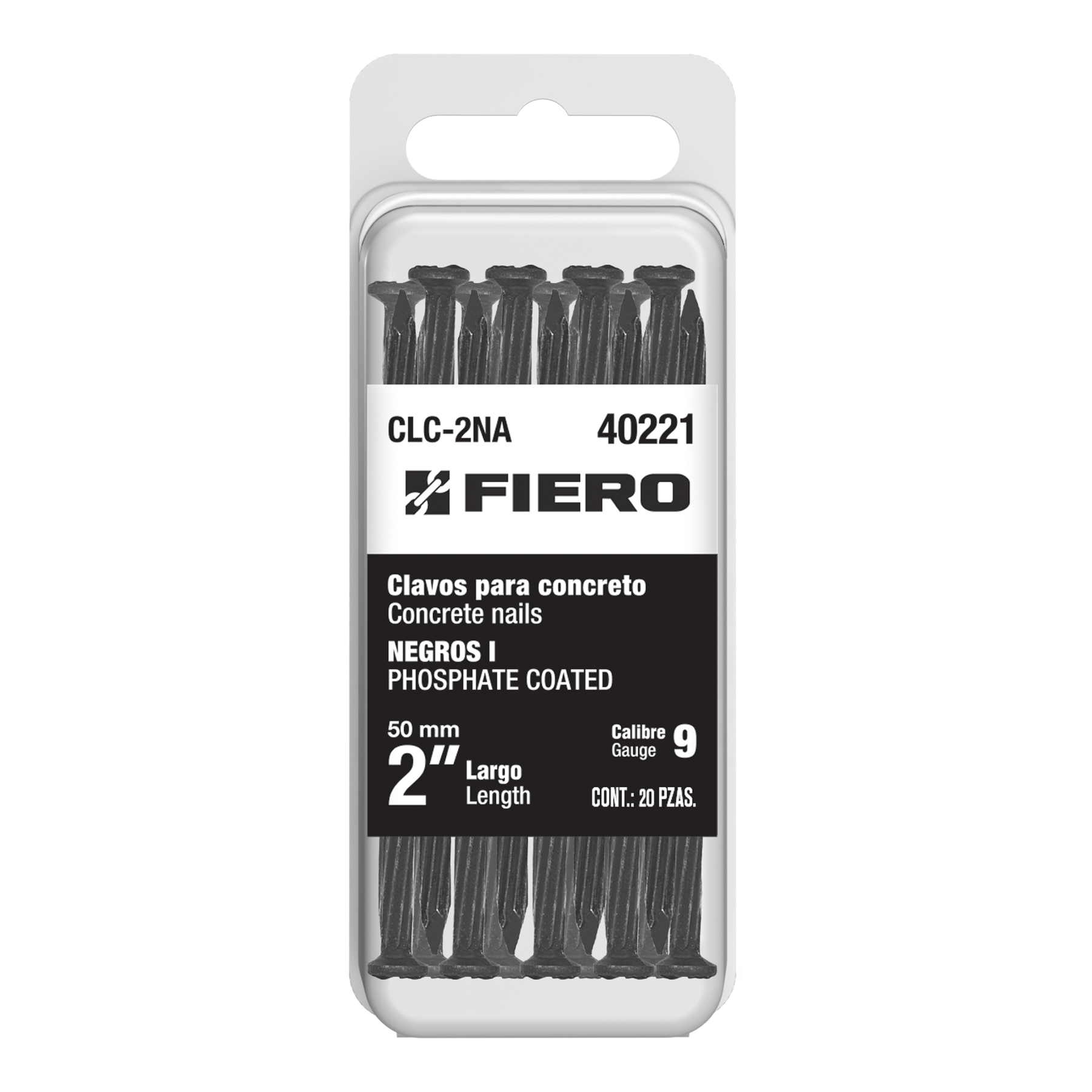 Blíster con 20 clavos negros para concreto 2', Fiero