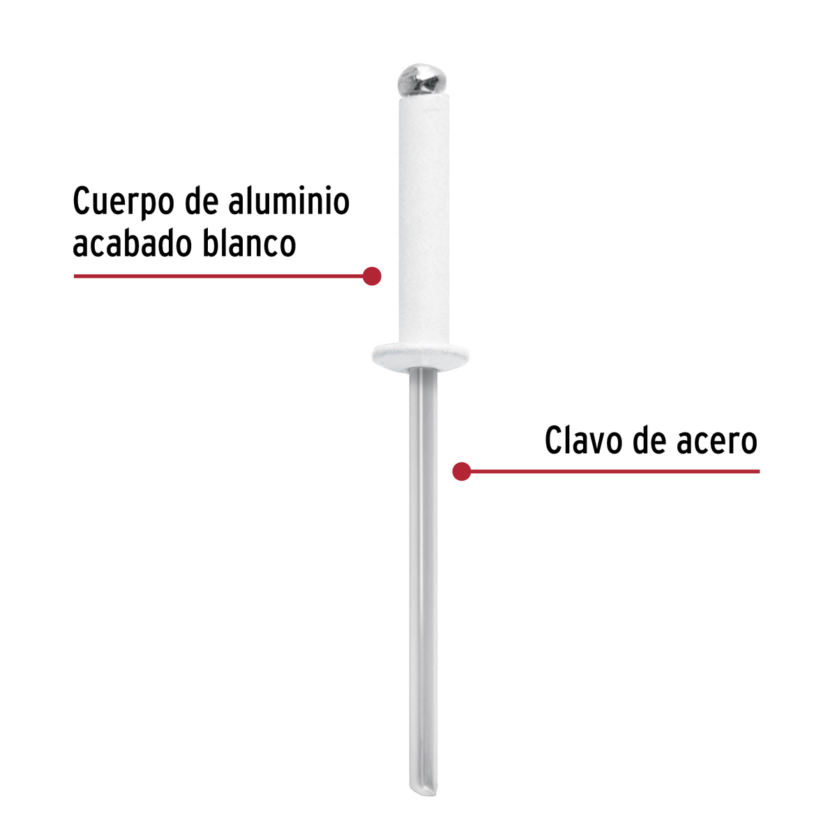 Bolsa c/50 remaches 1/8'x1/2' blancos de aluminio, ala 1/4'