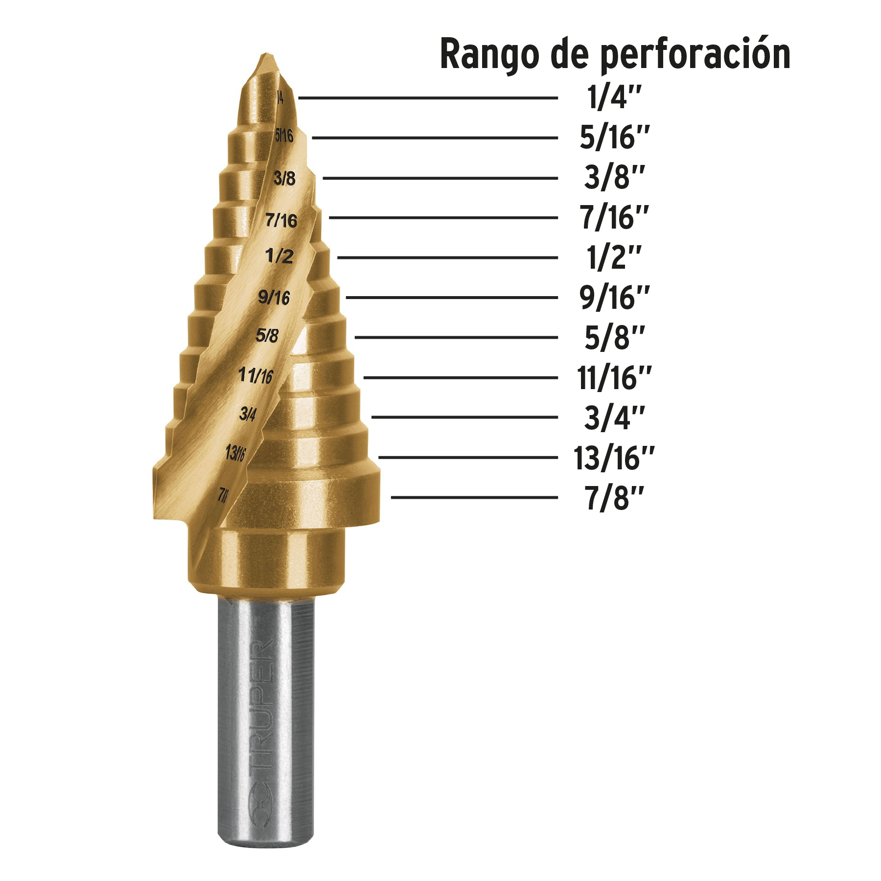Broca escalonada titanio 11 escalones 1/4' a 7/8', Expert