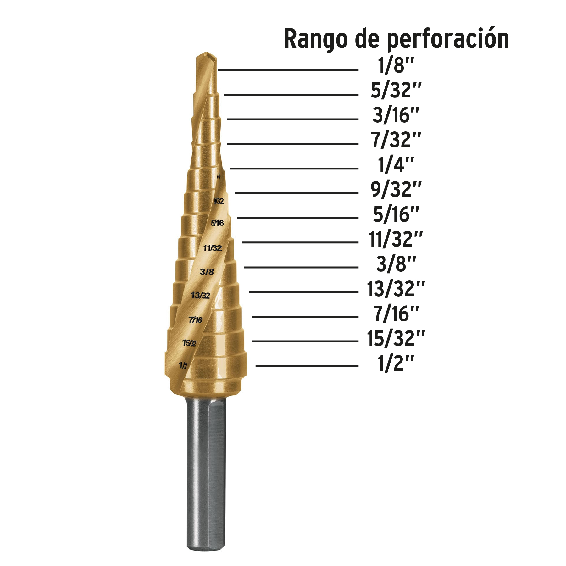 Broca escalonada titanio 13 escalones 1/8' a 1/2', Expert