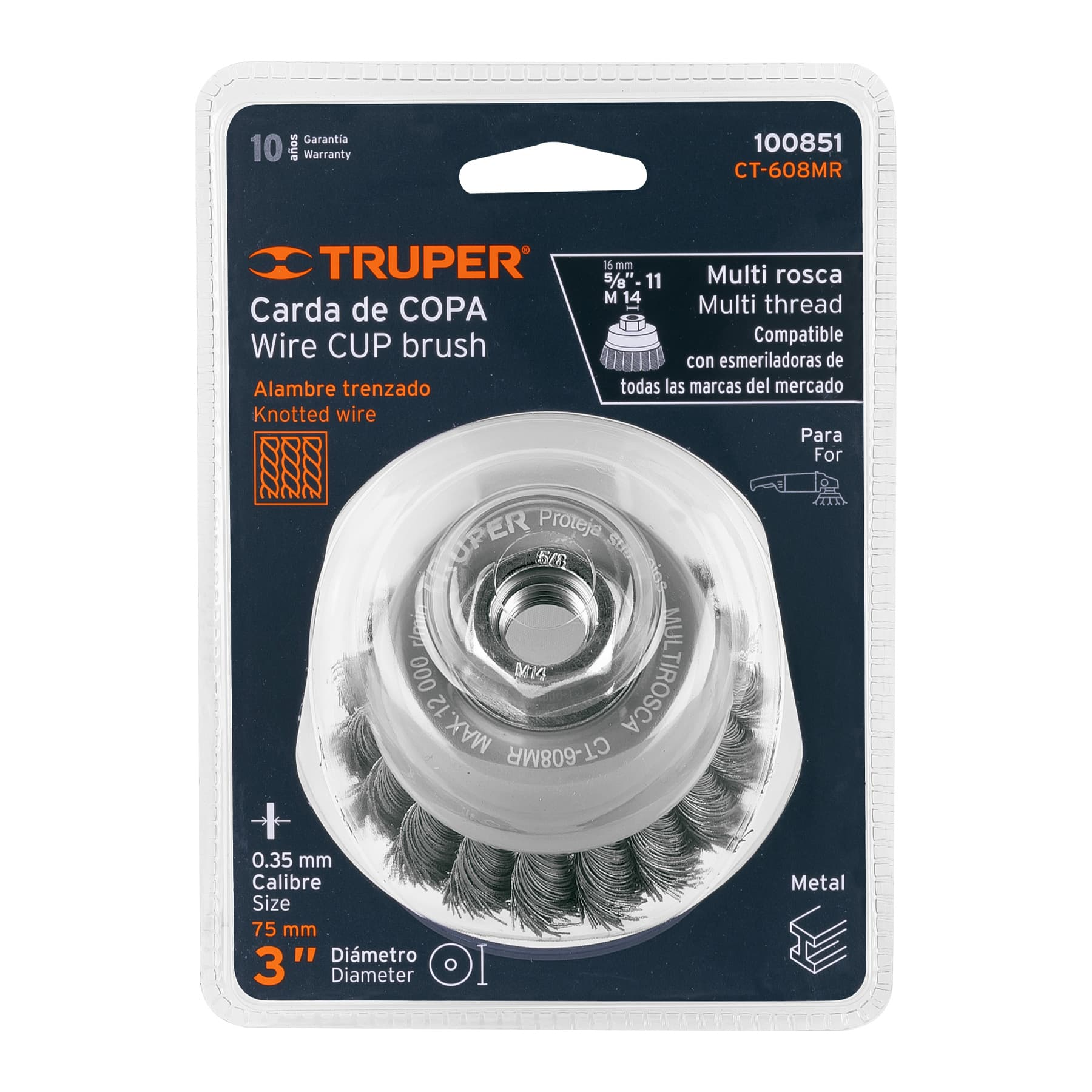 Carda de copa, alambre trenzado fino, 3', Multi rosca