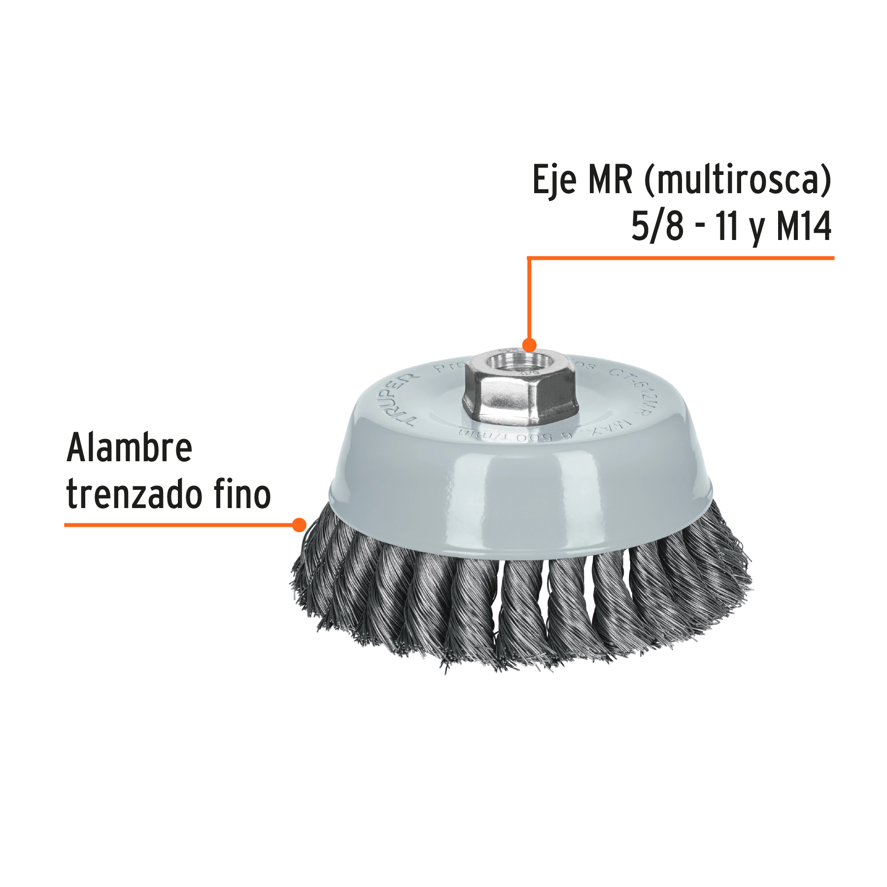 Carda de copa, alambre trenzado fino, 5', Multi rosca