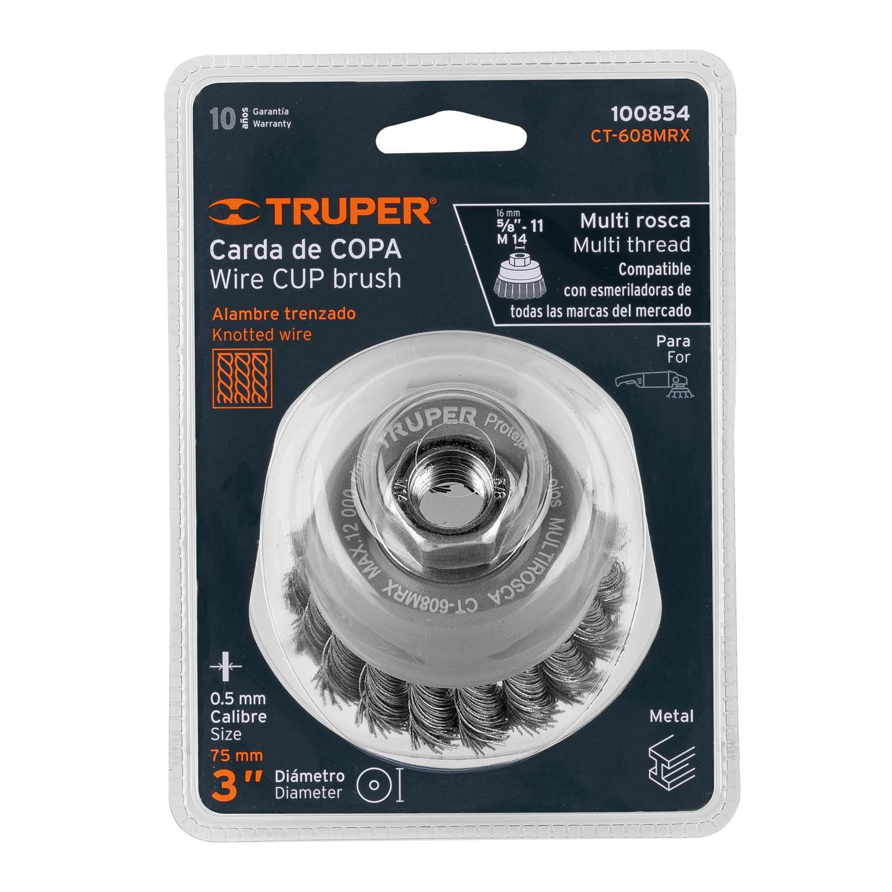 Carda de copa, alambre trenzado grueso, 3', Multi rosca