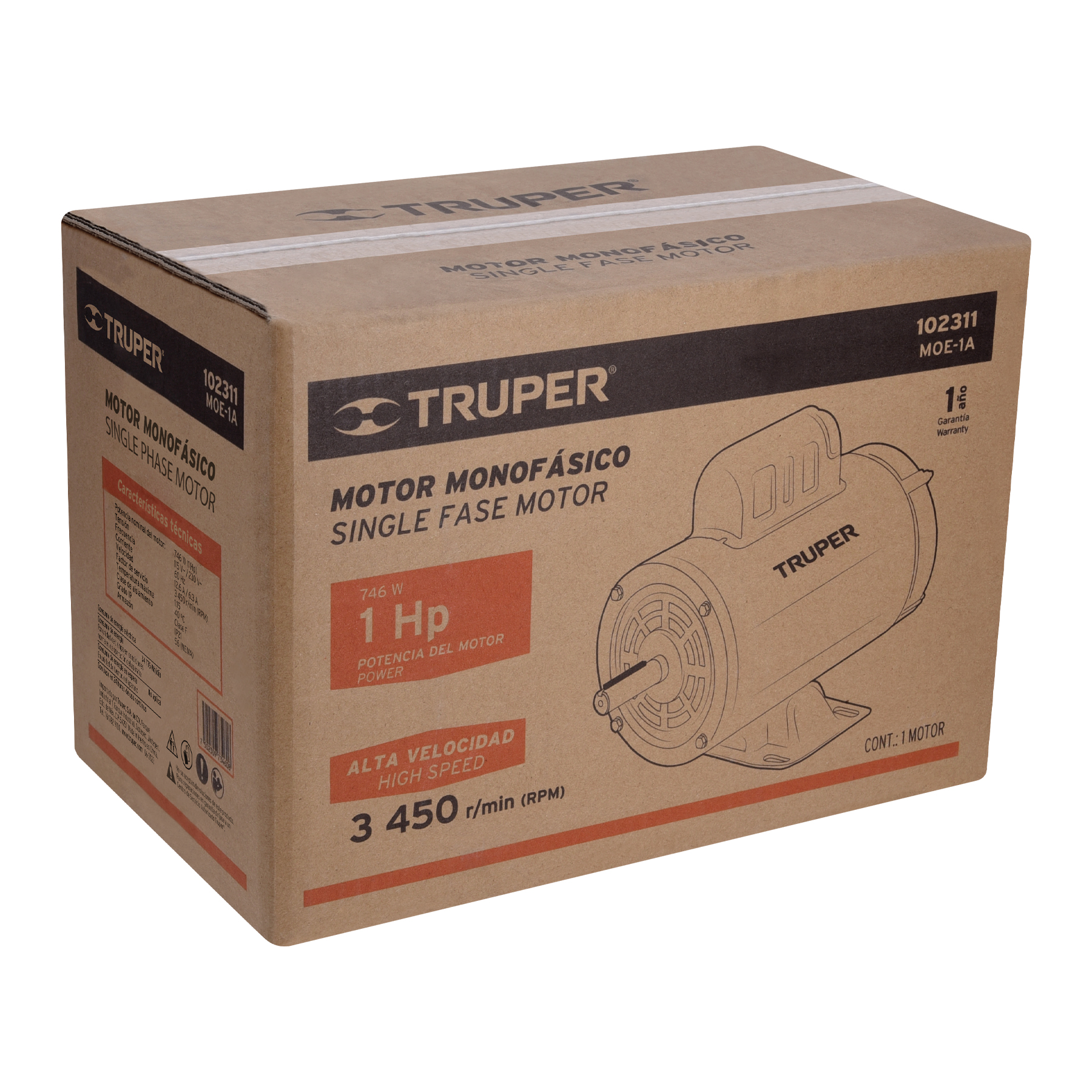 Motor monofásico de 1 HP, alta, Truper
