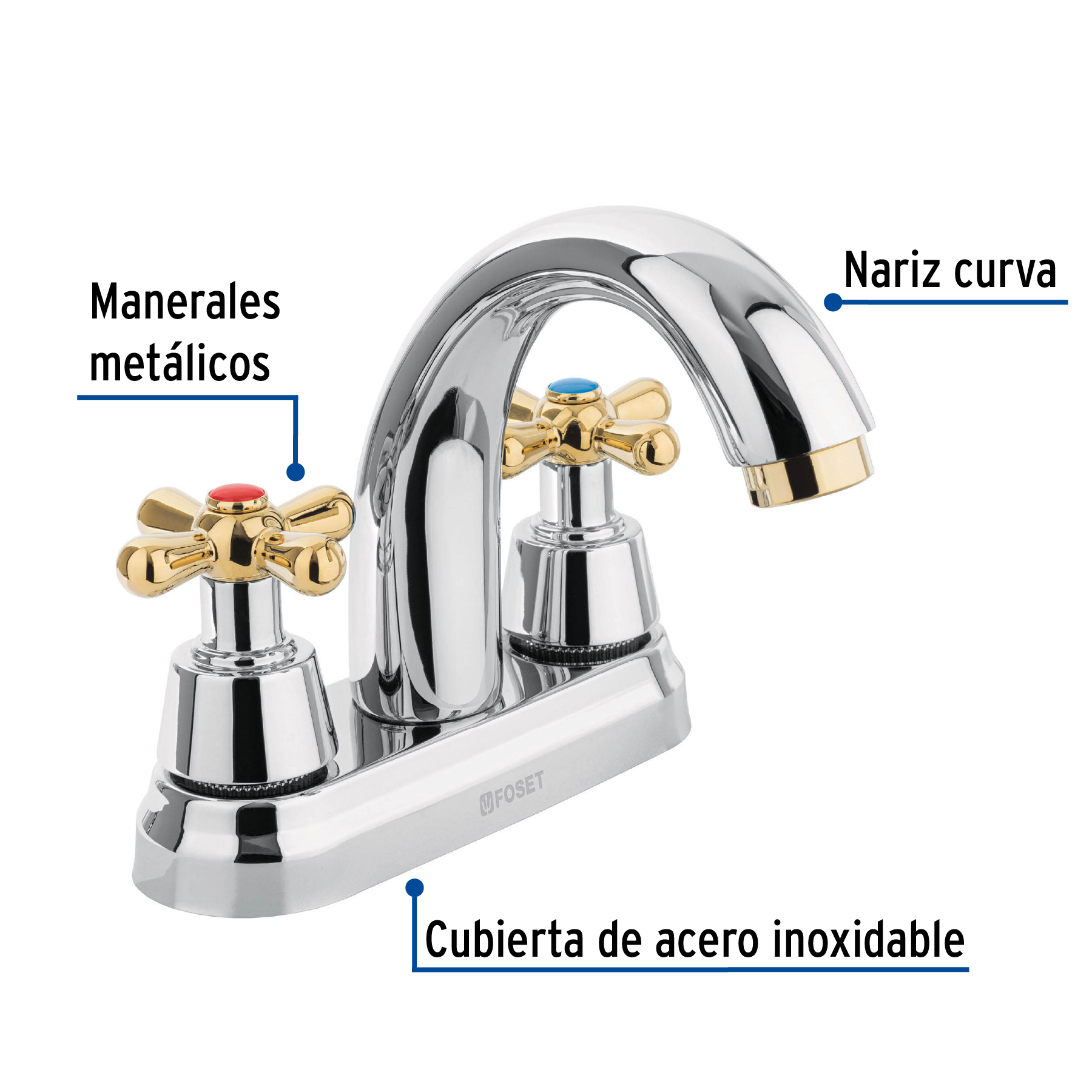 Mezcladora lavabo 4" cromo-oro, nariz curva, cruceta, AQUA
