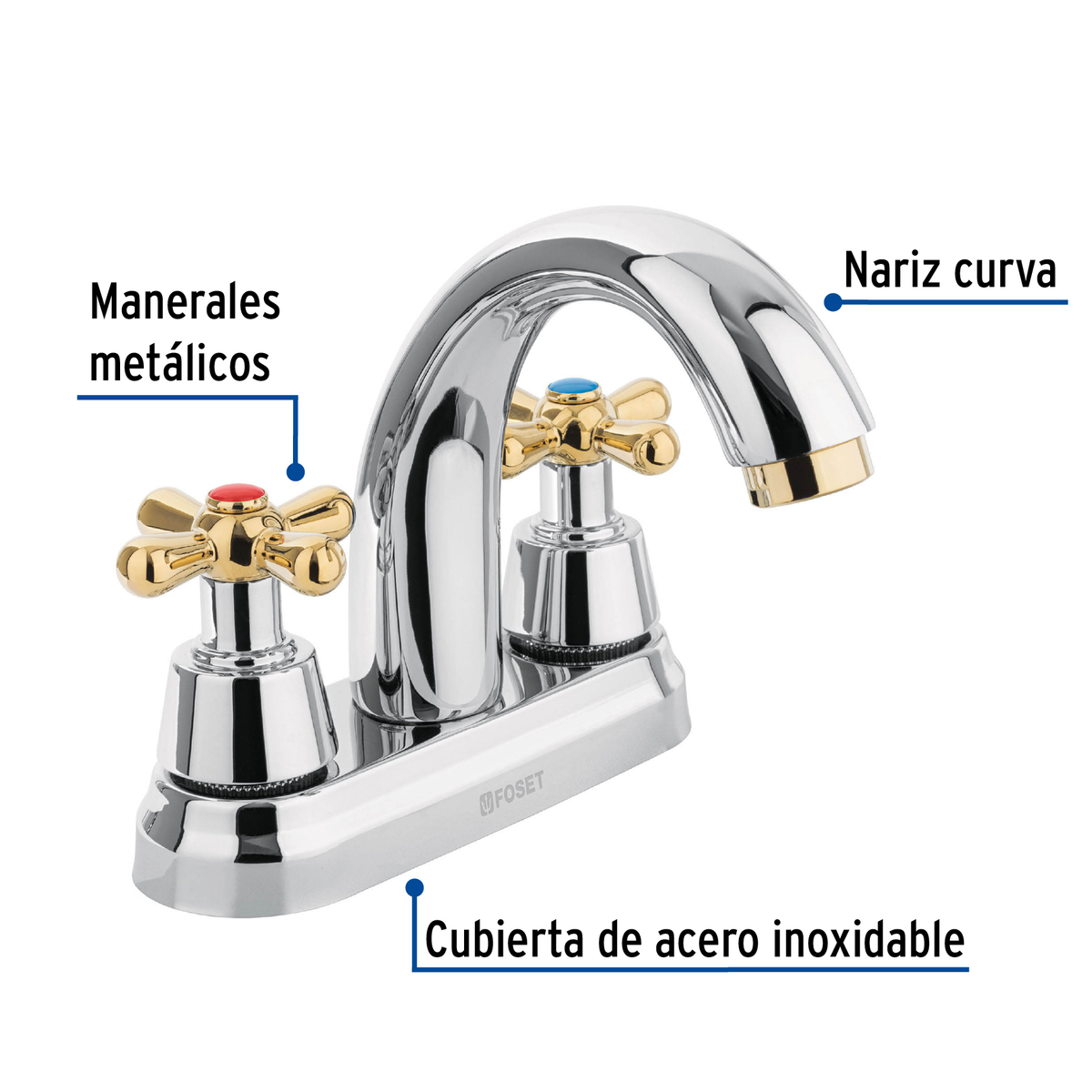 Mezcladora lavabo 4" cromo-oro, nariz curva, cruceta, AQUA
