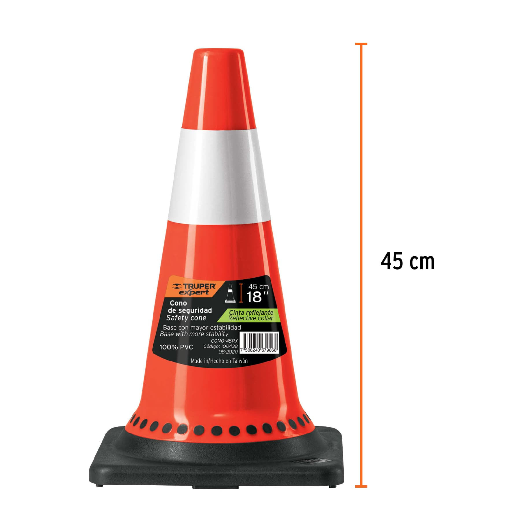 Cono de precaución, base negra y reflejante, 45 cm, Expert