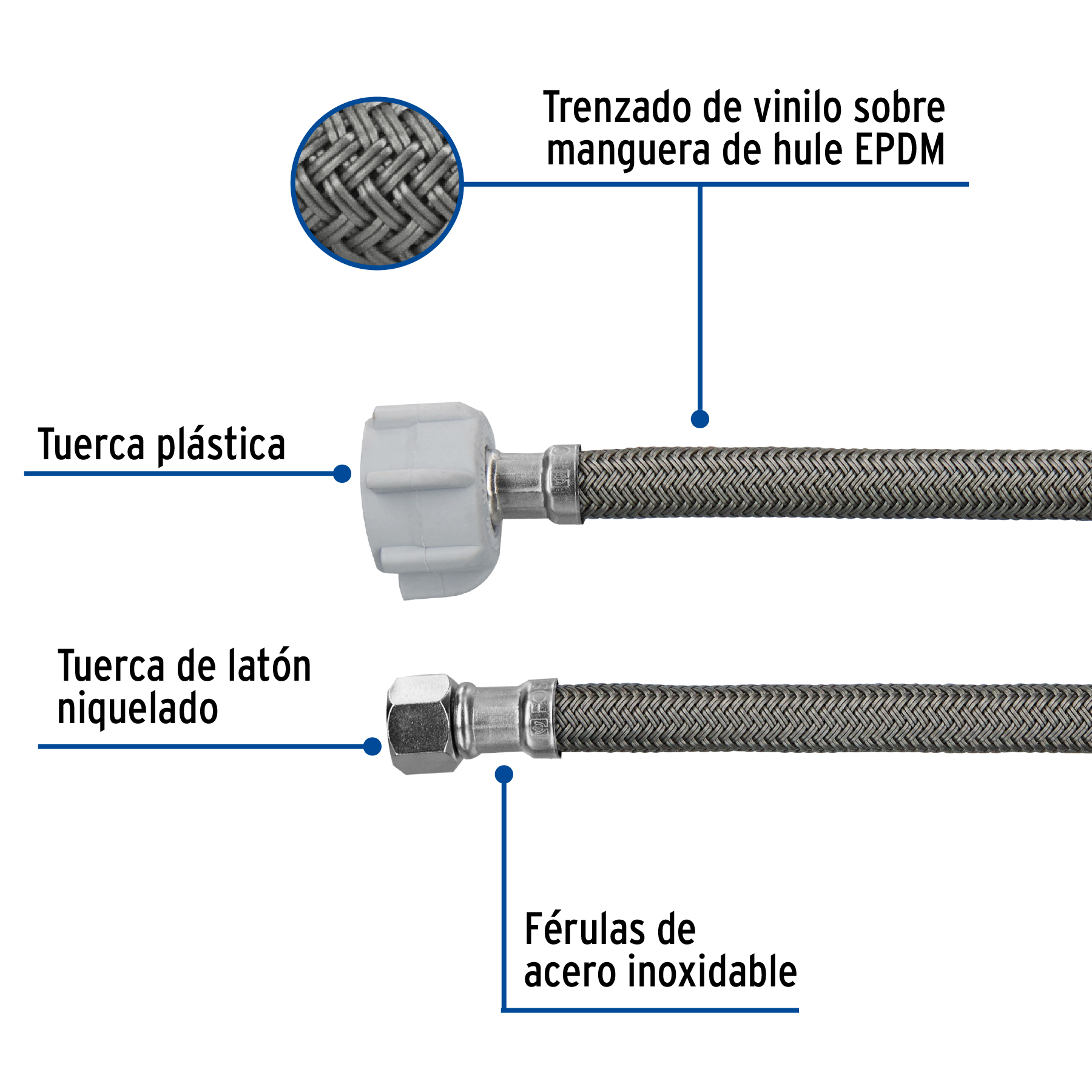 Manguera WC, vinilo, 3/8'x7/8', 50 cm, conector plástico