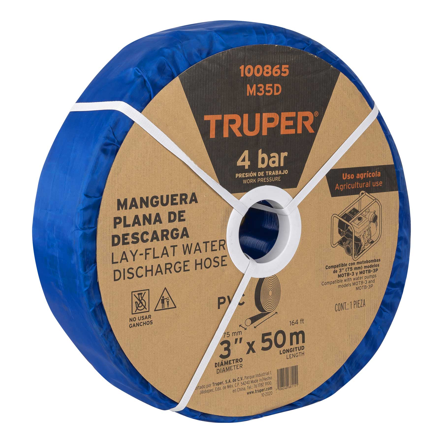 Manguera plana p/descarga de agua, PVC flexible, 3' x 50 m