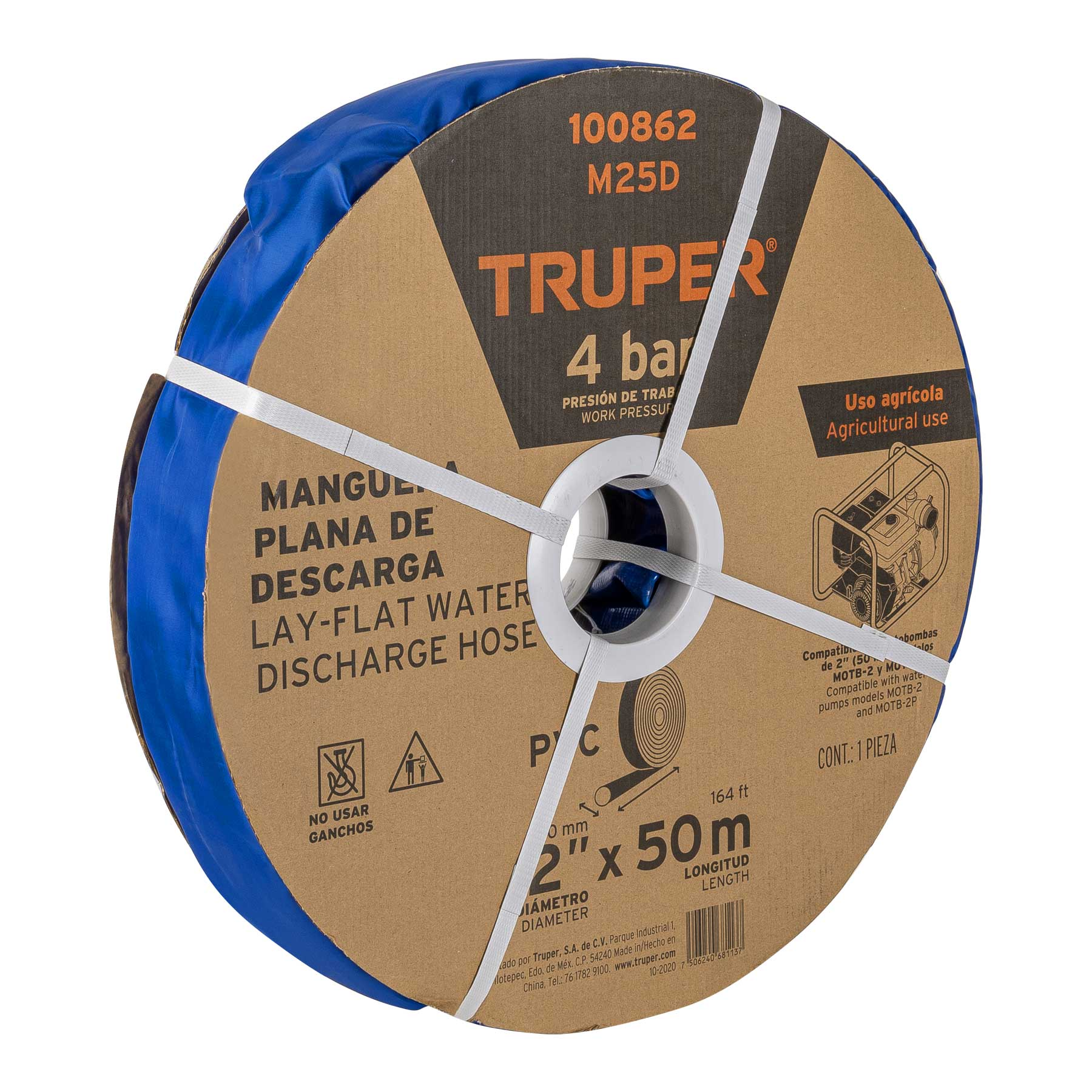 Manguera plana p/descarga de agua, PVC flexible, 2' x 50 m