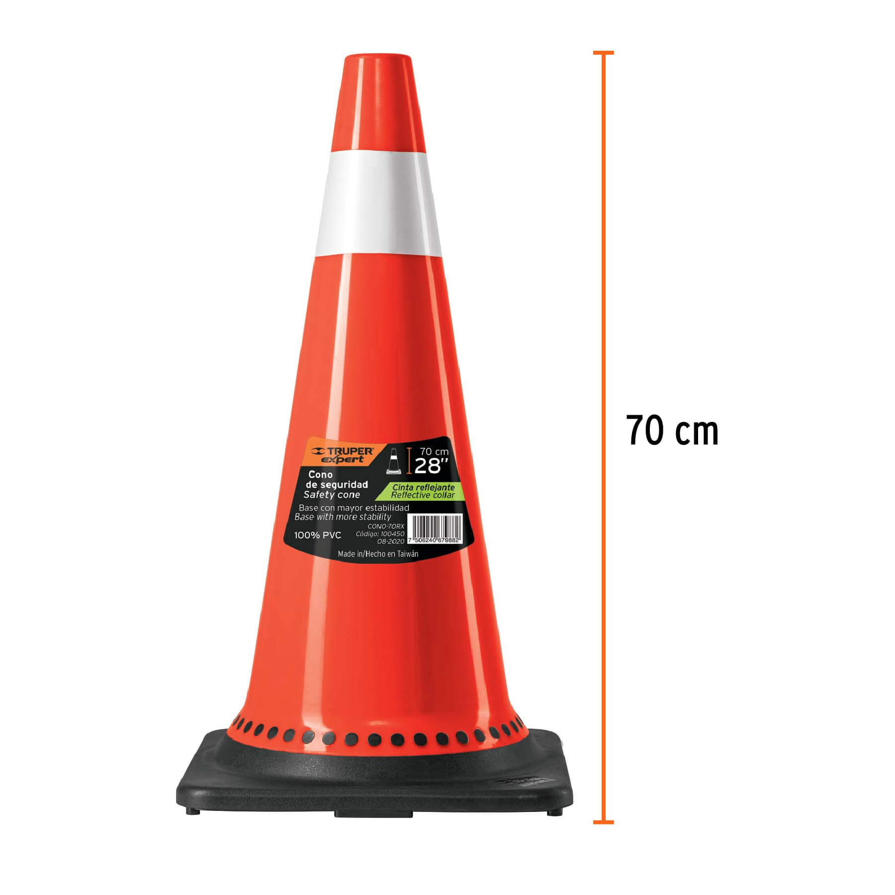 Cono de precaución, base negra y reflejante, 70cm, Expert