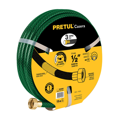 Manguera 1/2" reforzada 3 capas conexiones metal 15m, PRETUL