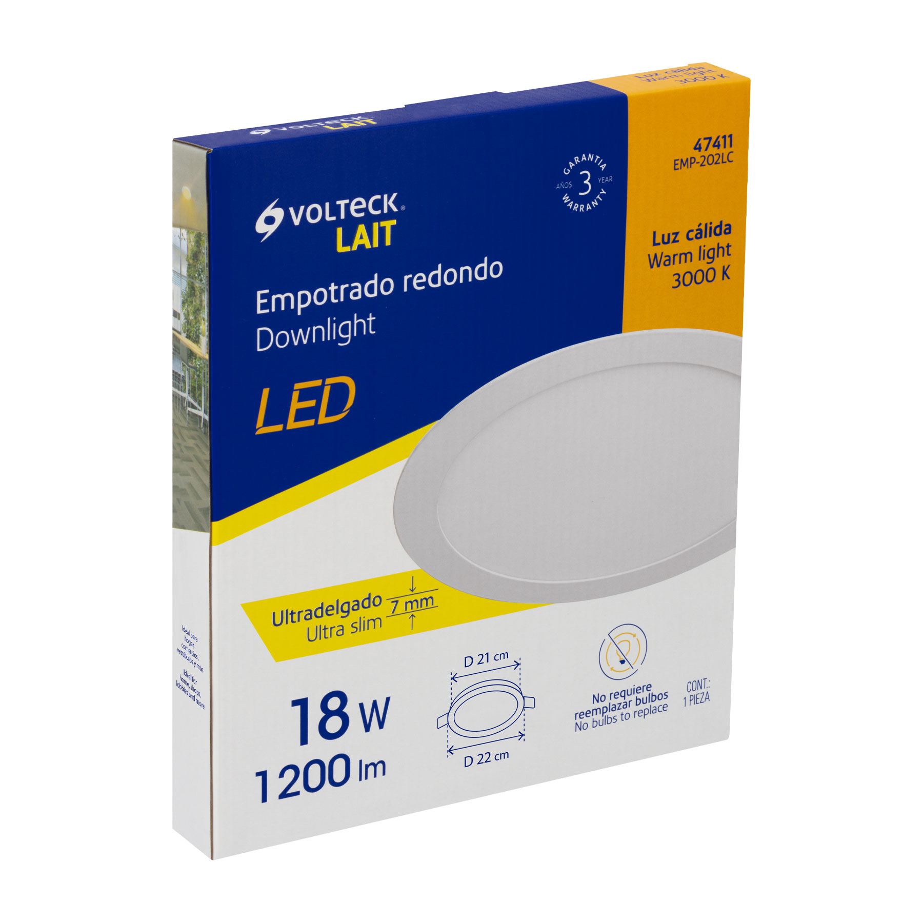 Luminario ultradelgado redondo p/empotrar 18W, luz cálida