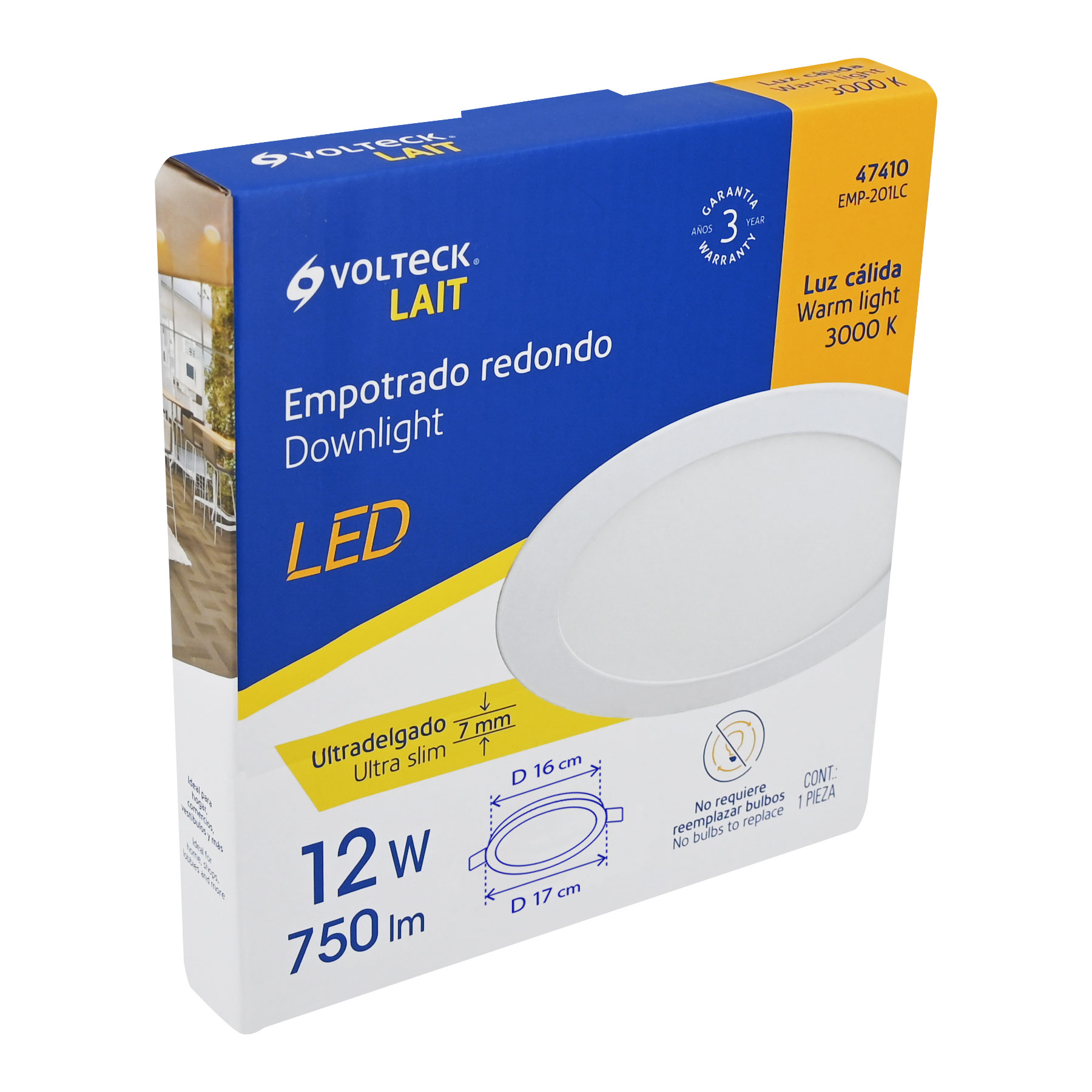 Luminario ultradelgado redondo p/empotrar 12W, luz cálida