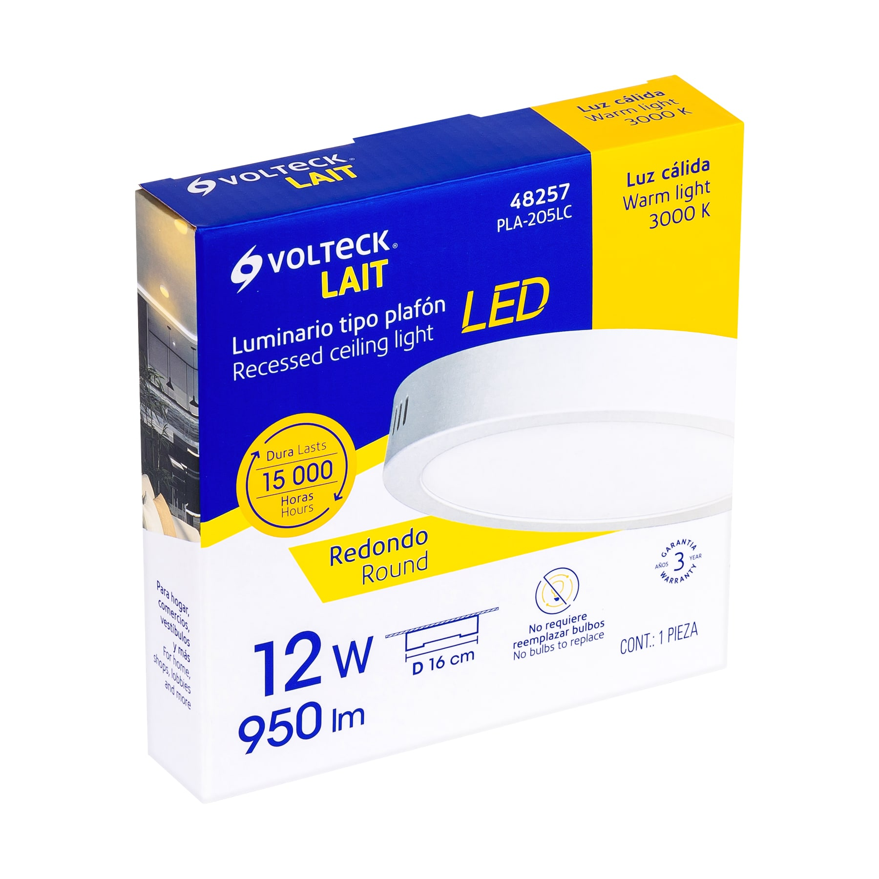 Luminario blanco de LED 12 W redondo tipo plafón luz cálida