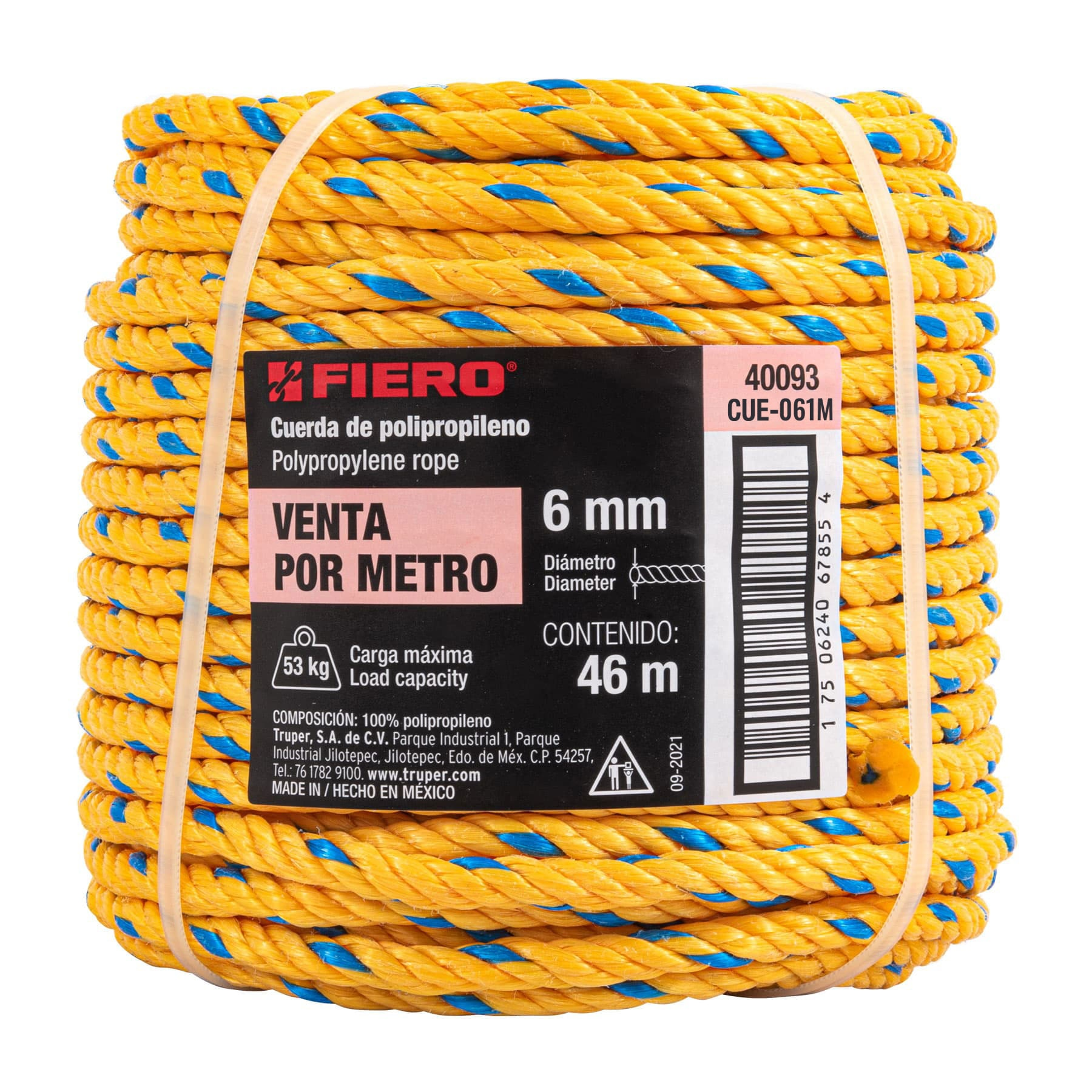 Cuerda torcida de polipropileno, amarilla, 6mm, 46m