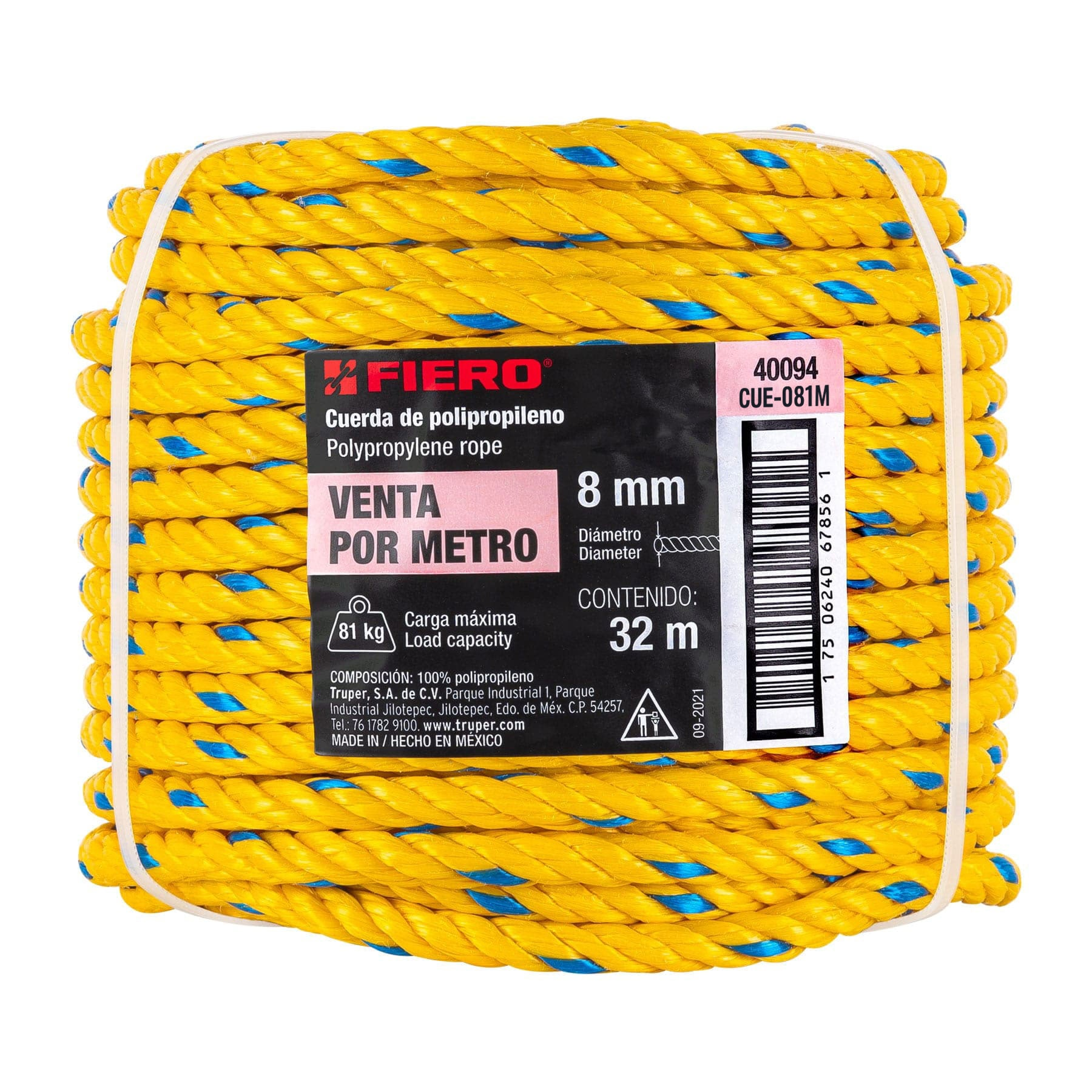 Cuerda torcida de polipropileno, amarilla, 8mm, 32m SUSTITUTO 40185