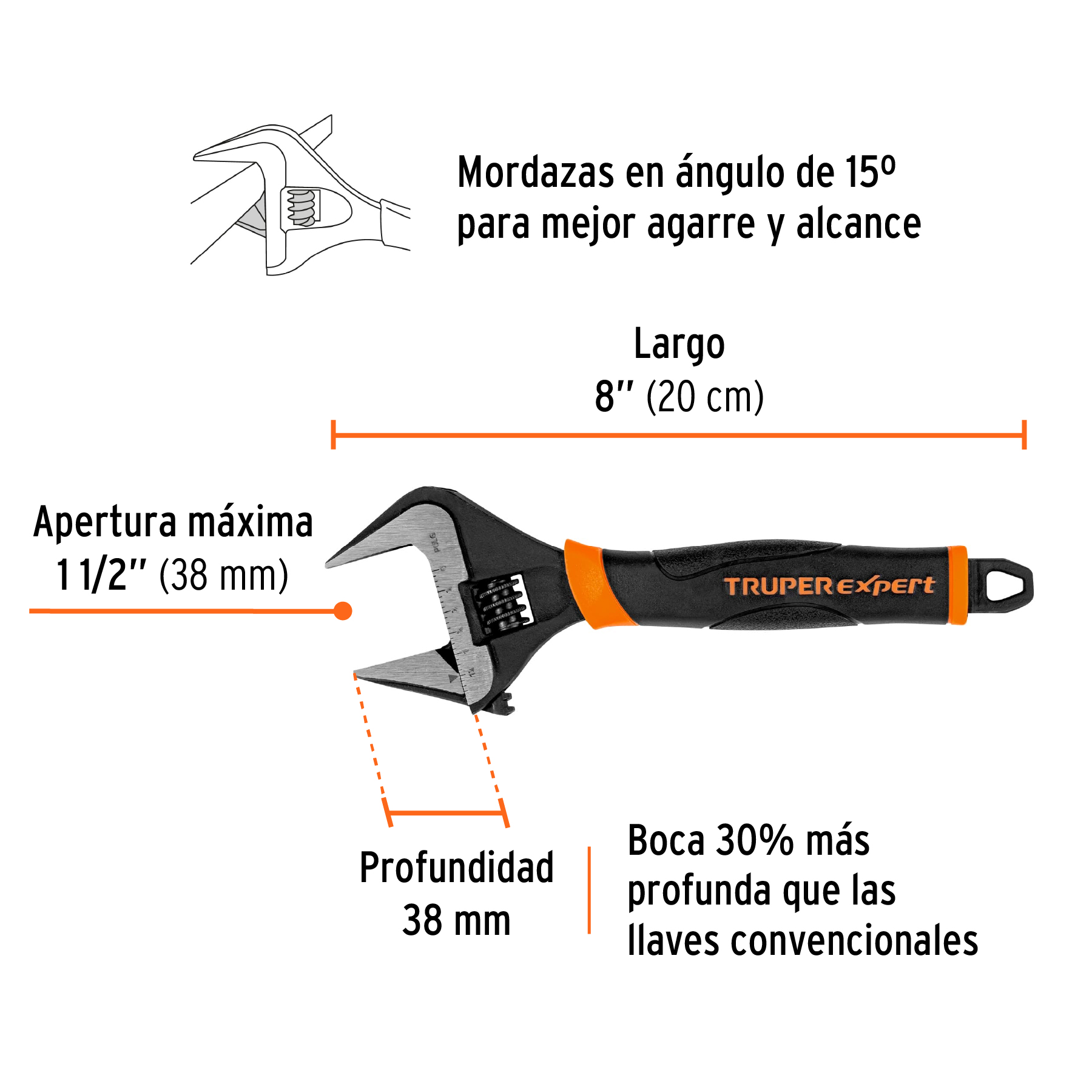 Llave ajustable boca ancha 8', Truper Expert