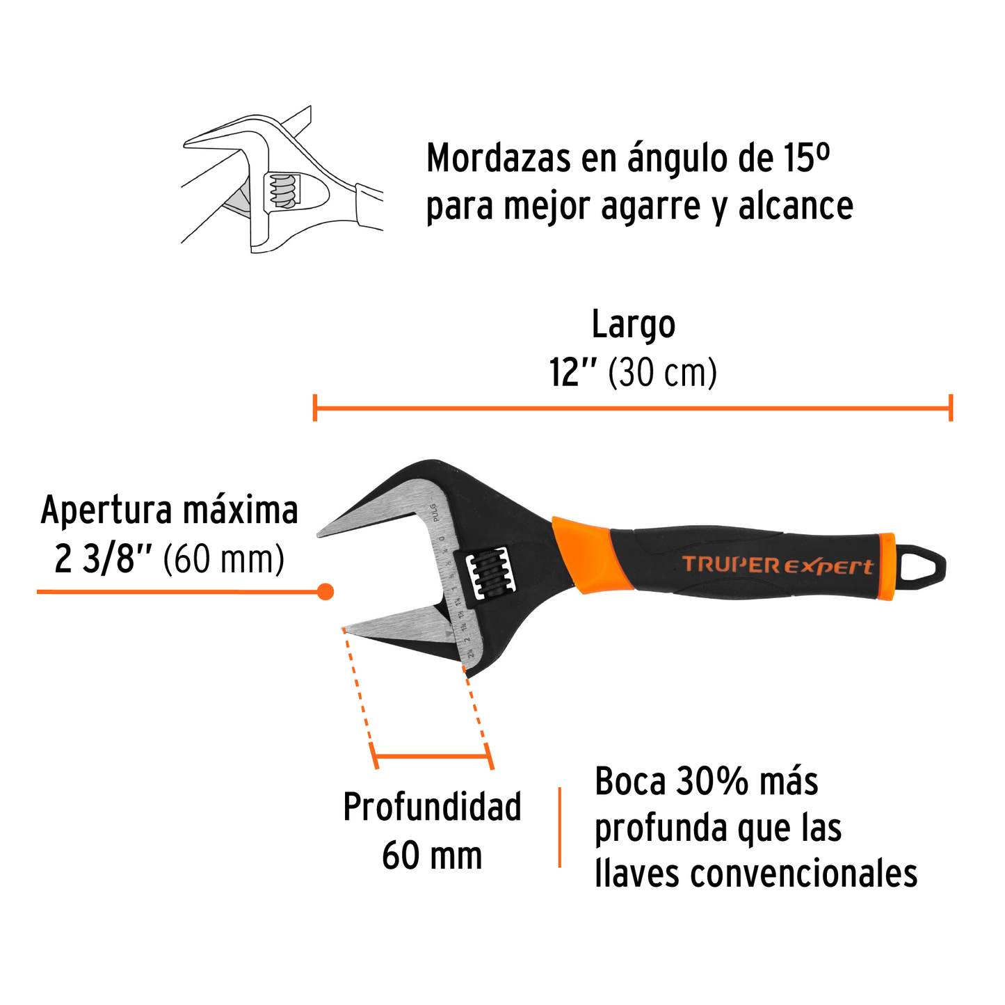 Llave ajustable boca ancha 12', Truper Expert