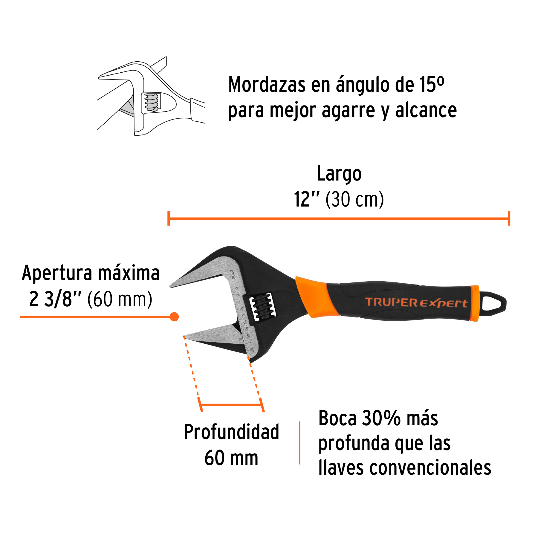 Llave ajustable boca ancha 12', Truper Expert