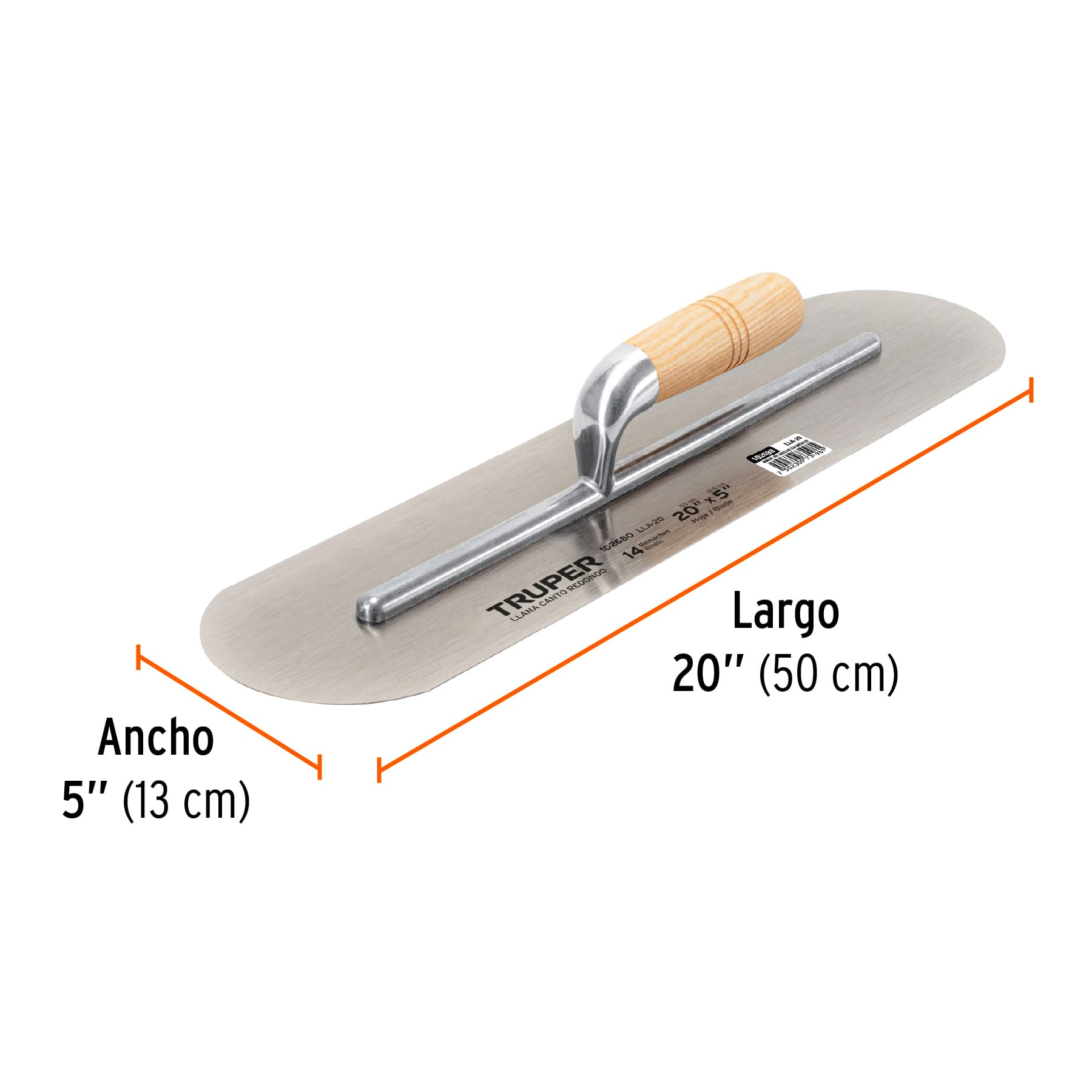 Llana canto redondo 20' x 5' con mango de madera, Truper