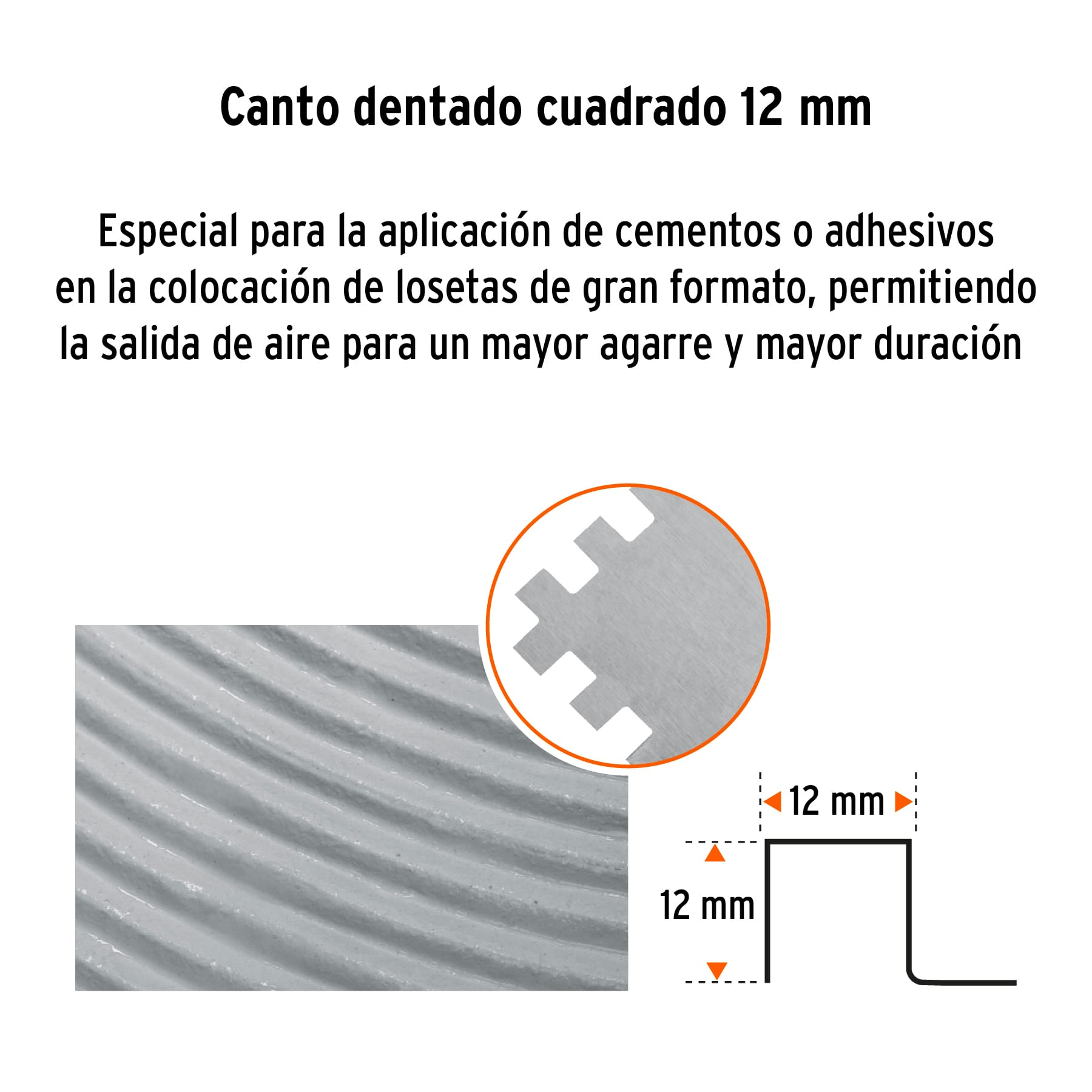 Llana 11' dentado cuadrado 1/2', 10 remaches, mango madera