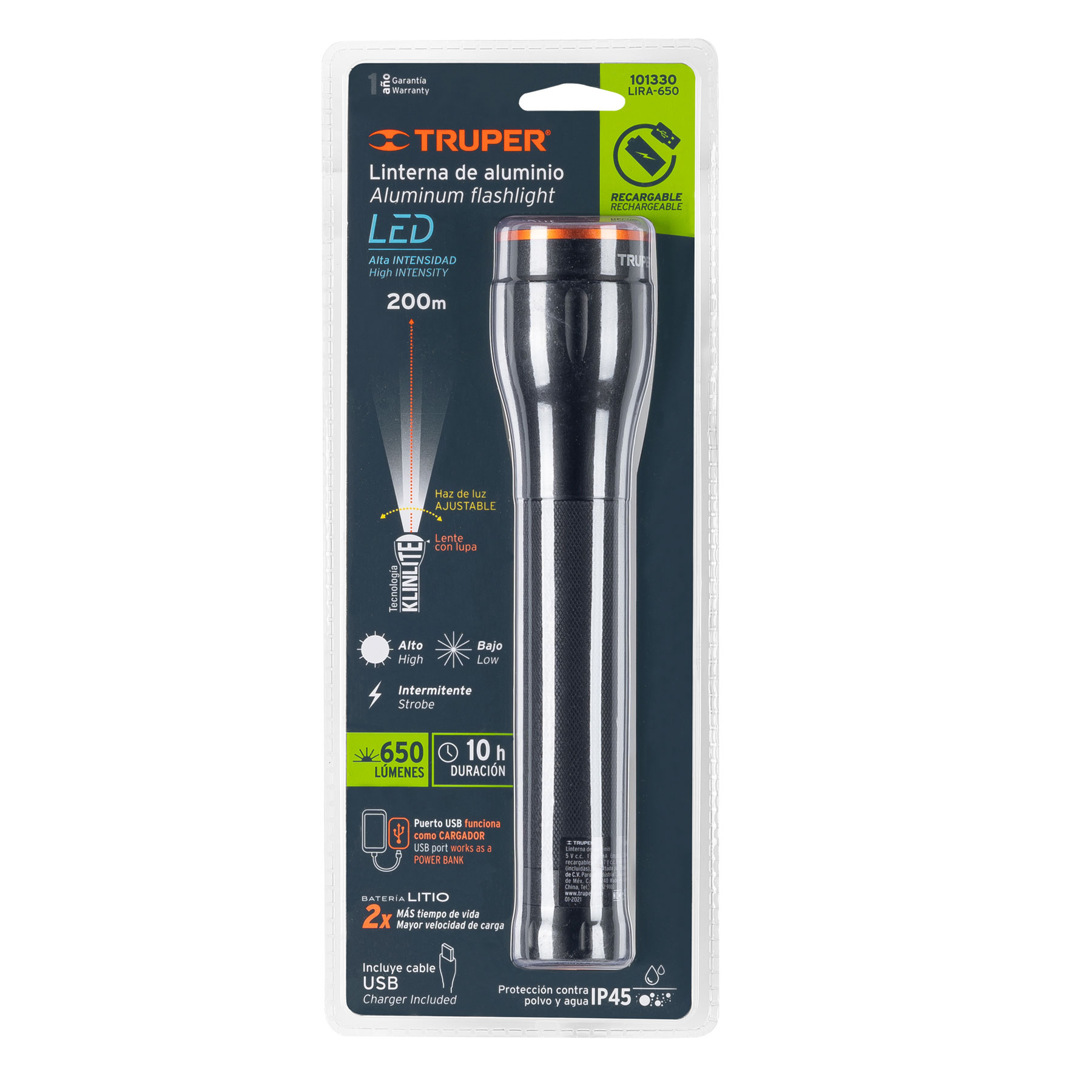 Linterna LED recargable de aluminio, 650 lúmenes