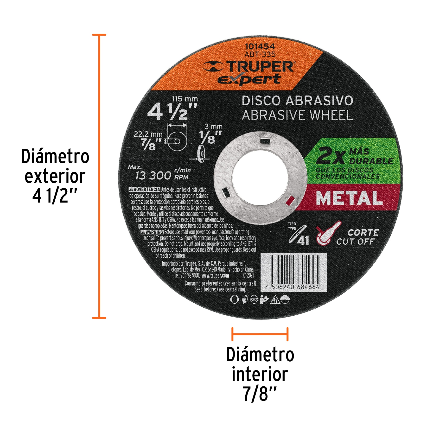 Disco para corte de metal 4-1/2' tipo 41, Truper Expert