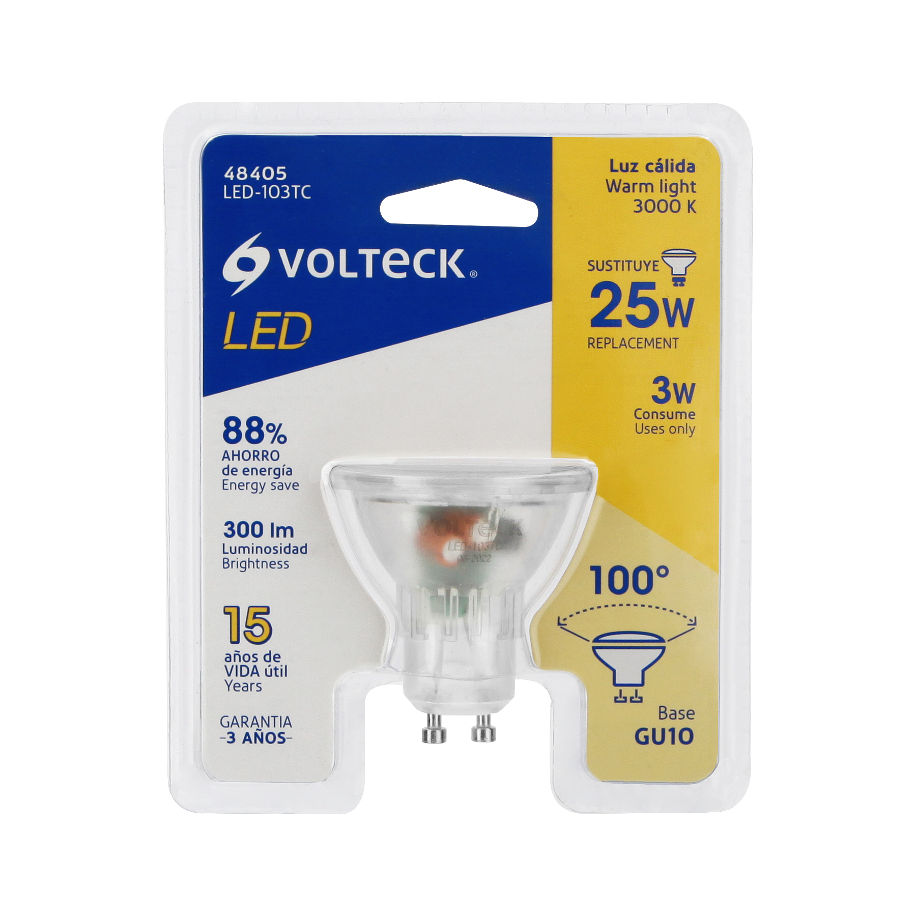 Lámpara trans. de LED 3 W MR16 base GU10 luz cálida, blíster