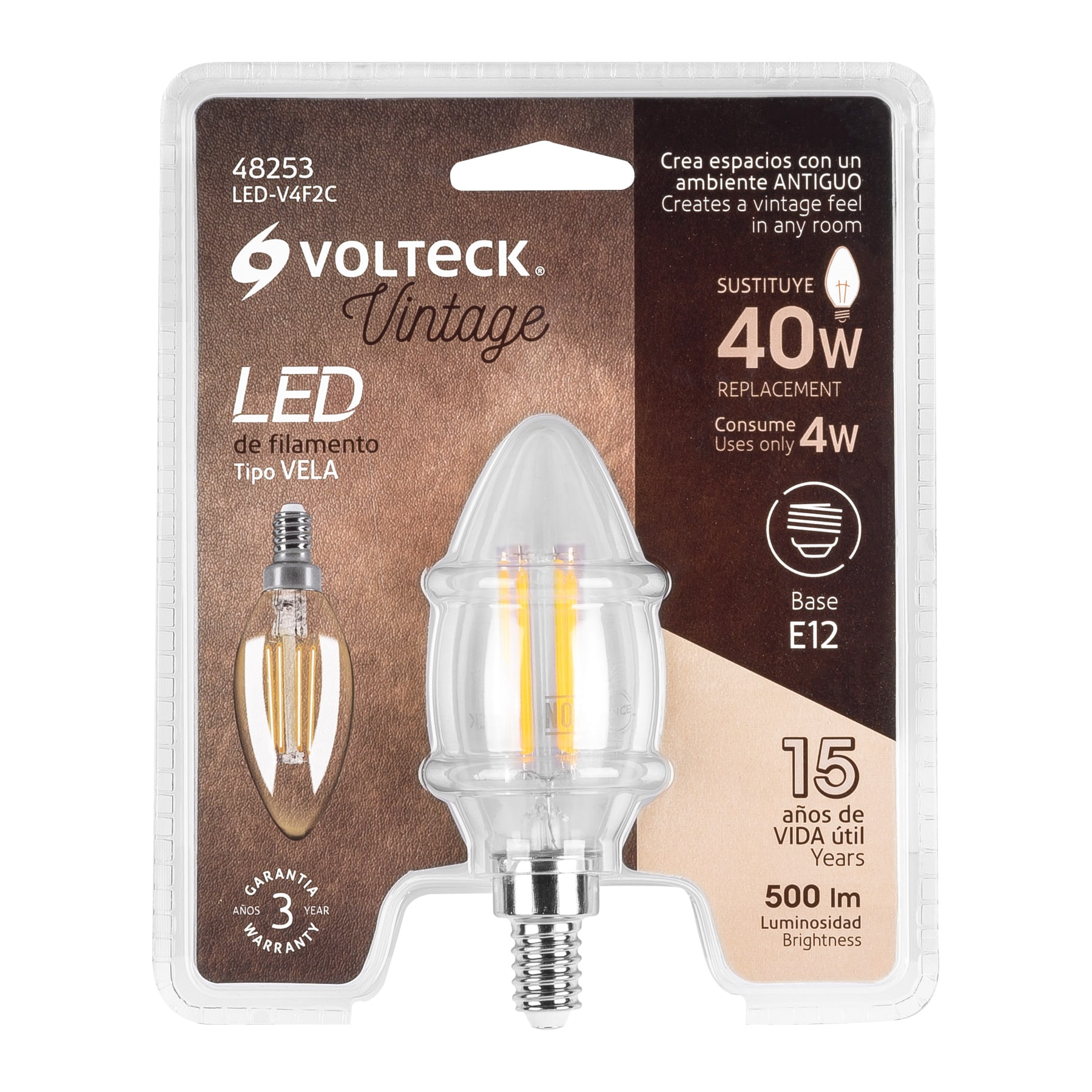Lámpara LED tipo vela 4 W con filamento base E12 luz cálida