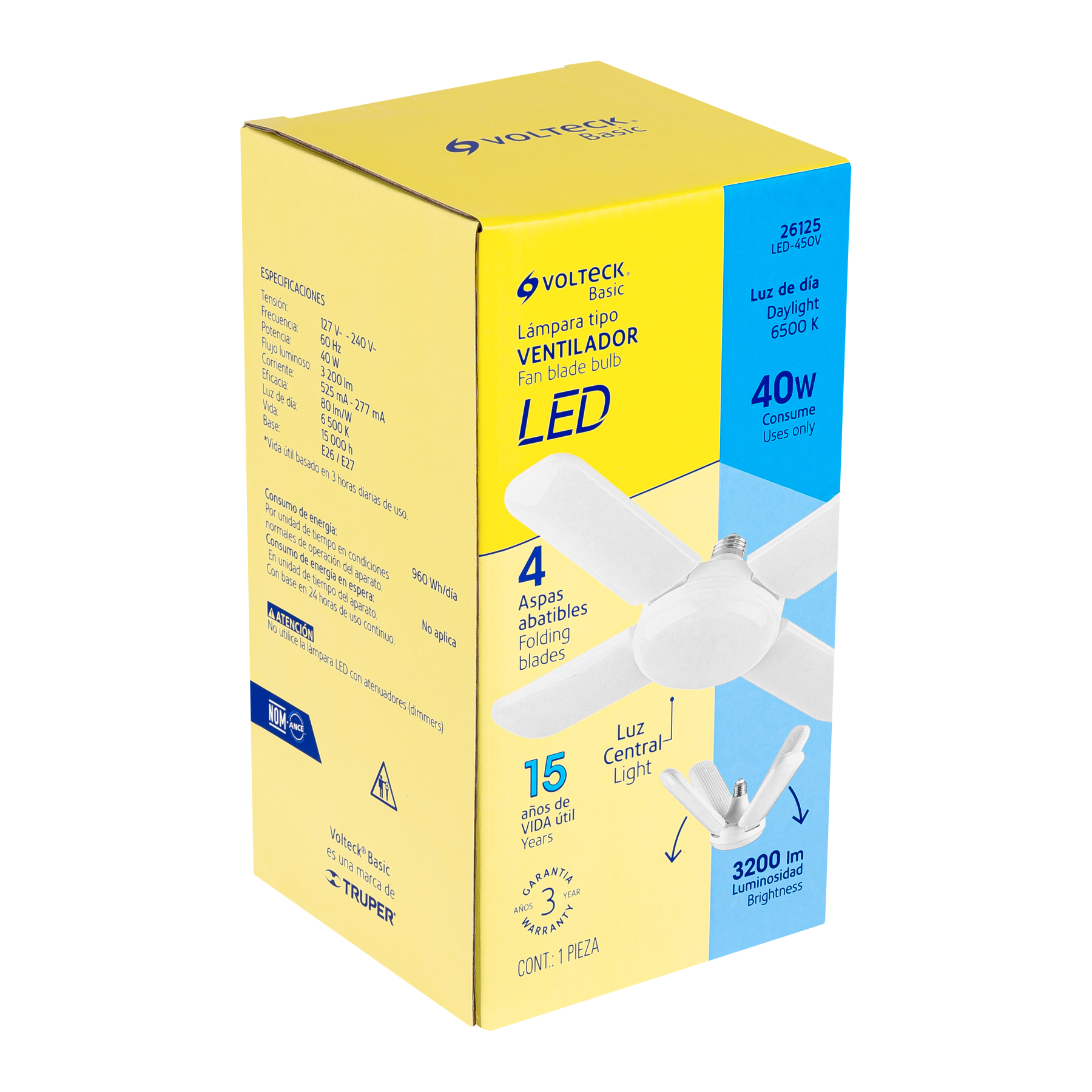Lámpara LED 40W tipo ventilador, 4 aspas ajustables, Volteck