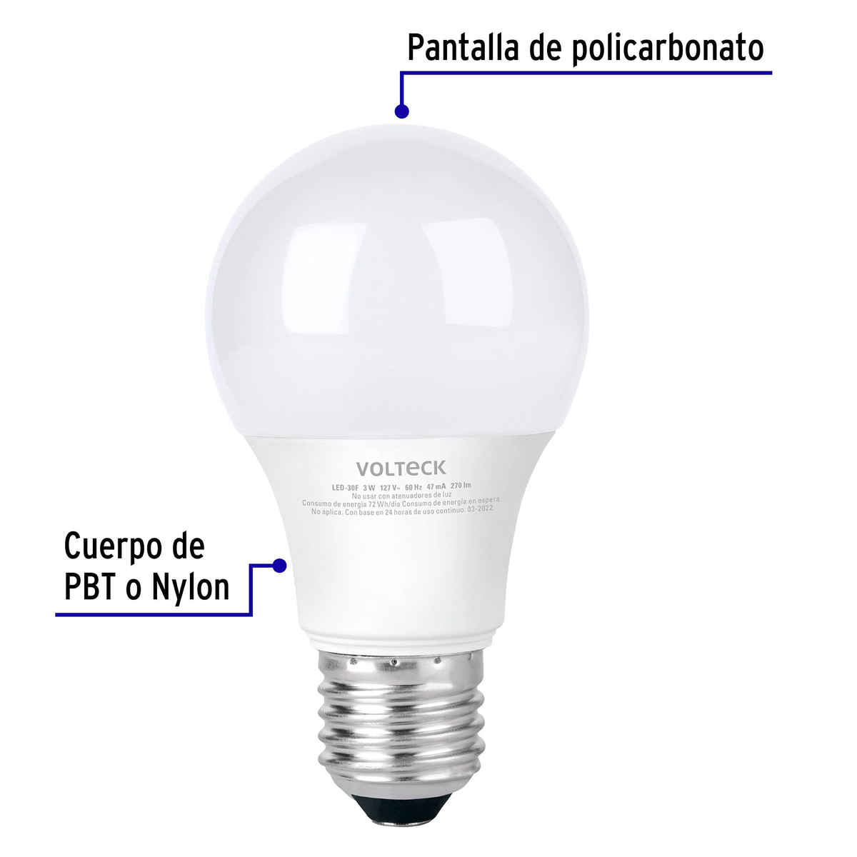 Lámpara de LED, A19, 3 W, luz de día, Voltec