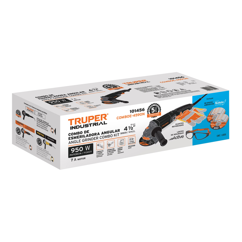 ESMERILADORA IND 4-1/2' 950W c/discos, lentes y guantes