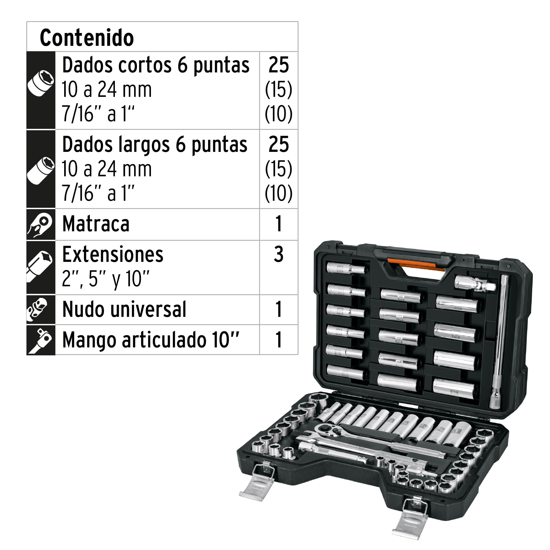Juego de 56 herramientas cuadro 1/2' std y mm para mecánico