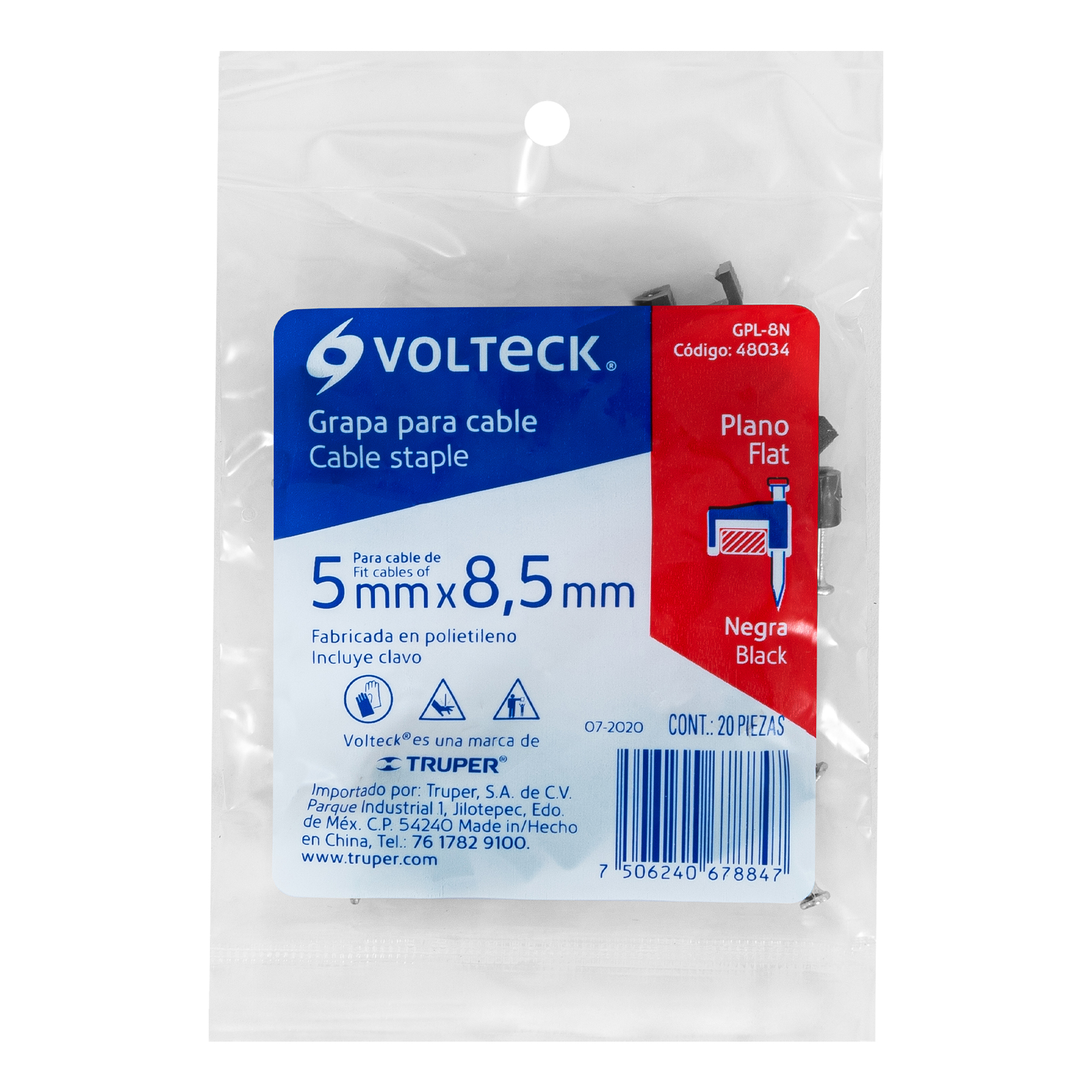 GRAPA PARA CABLE PLANO 5 x 8.5 mm, negra, bolsa 20 pzas