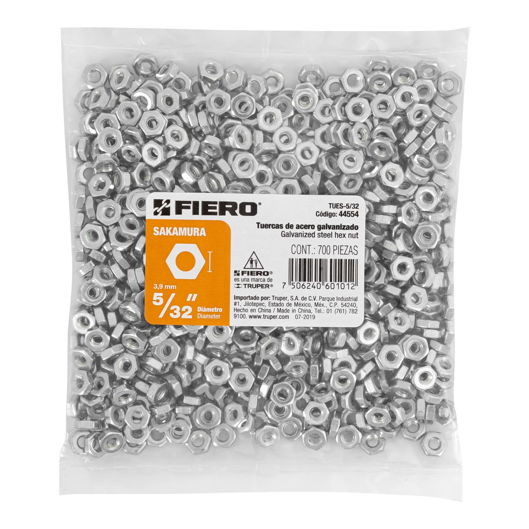 Tuerca de acero hexagonal de 5/32" tipo sakamura, 700 pzas