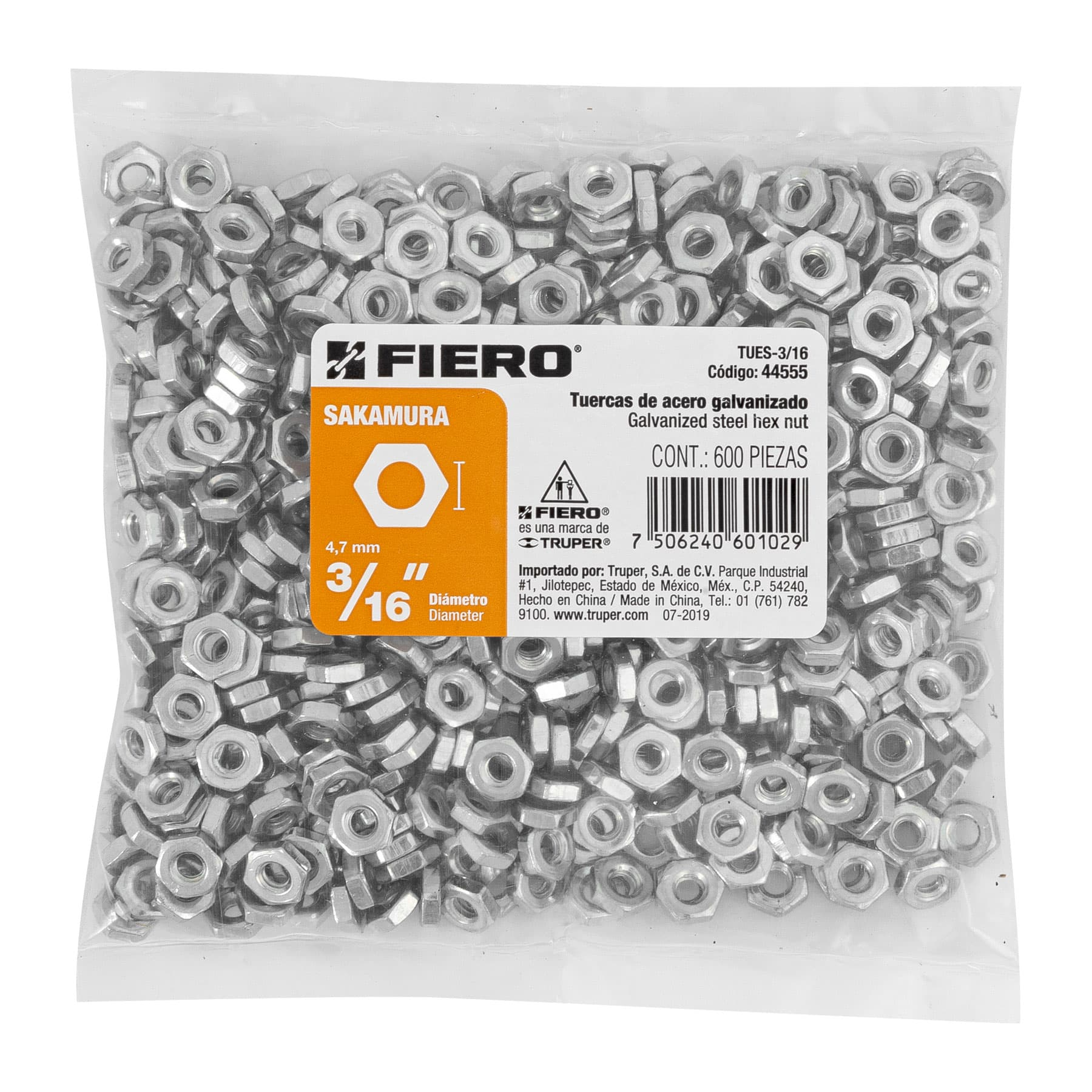 Tuerca de acero hexagonal de 3/16" tipo sakamura, 600 pzas