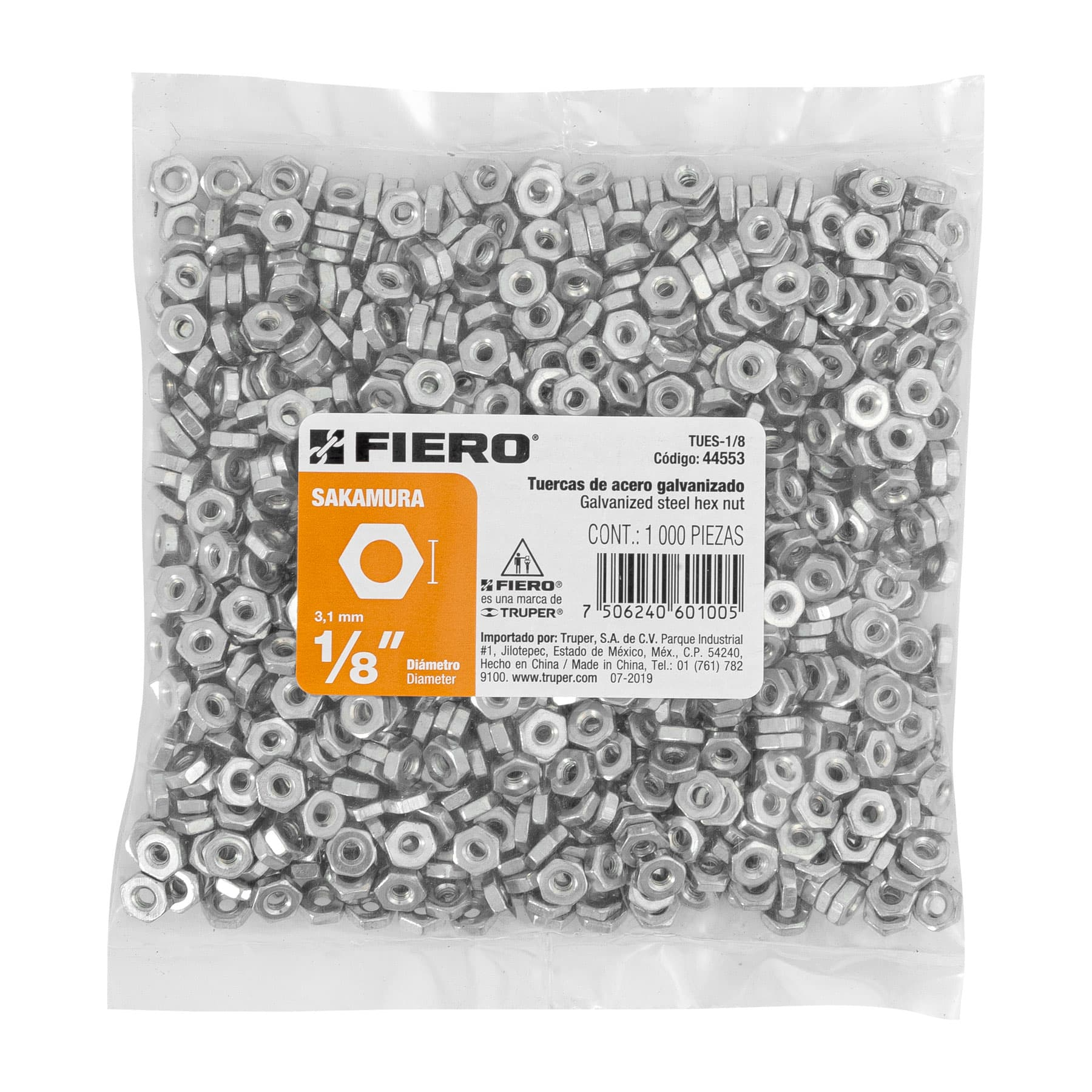 Tuerca de acero hexagonal de 1/8" tipo sakamura, 1,000 pzas